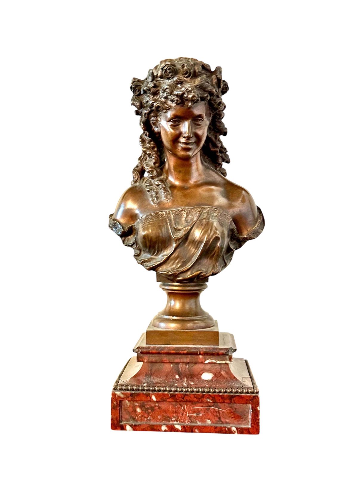19th Century Bronze Bust By Mathurin Moreau On Griotte Marble Base
