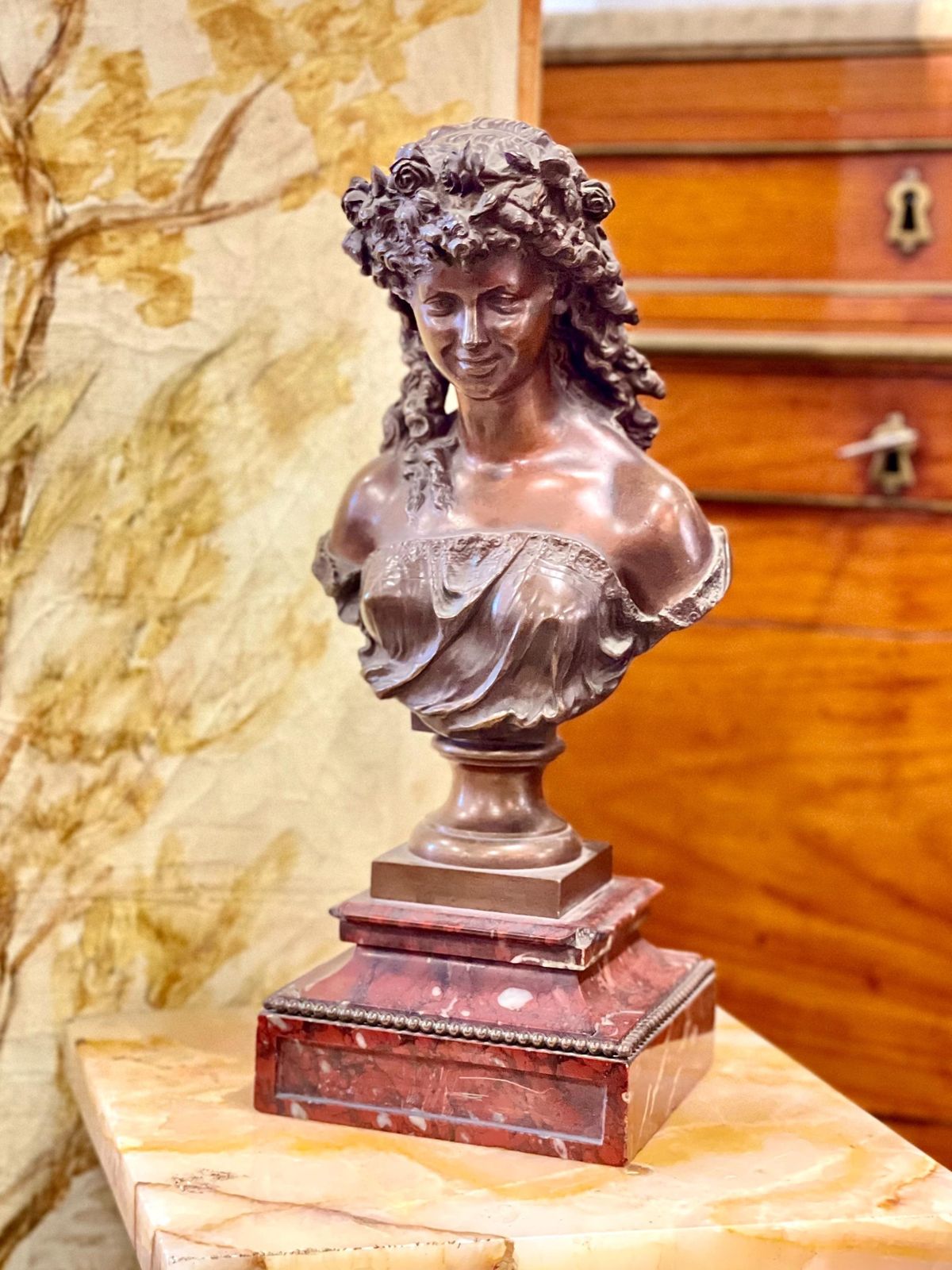19th Century Bronze Bust By Mathurin Moreau On Griotte Marble Base photo vintage