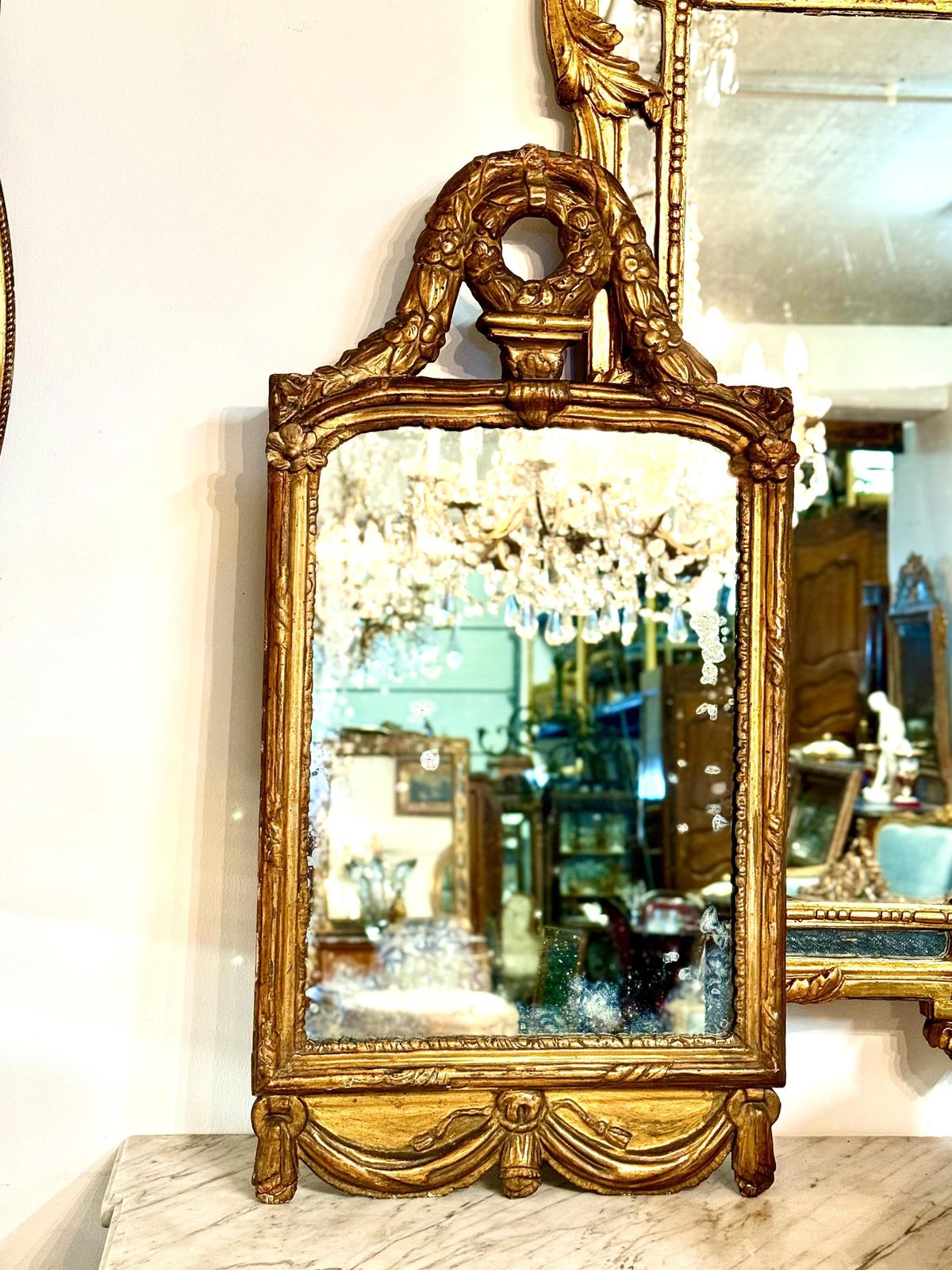 18th Century Louis XVI Giltwood Mirror With Laurel Crest And Draped Base photo Home Decor
