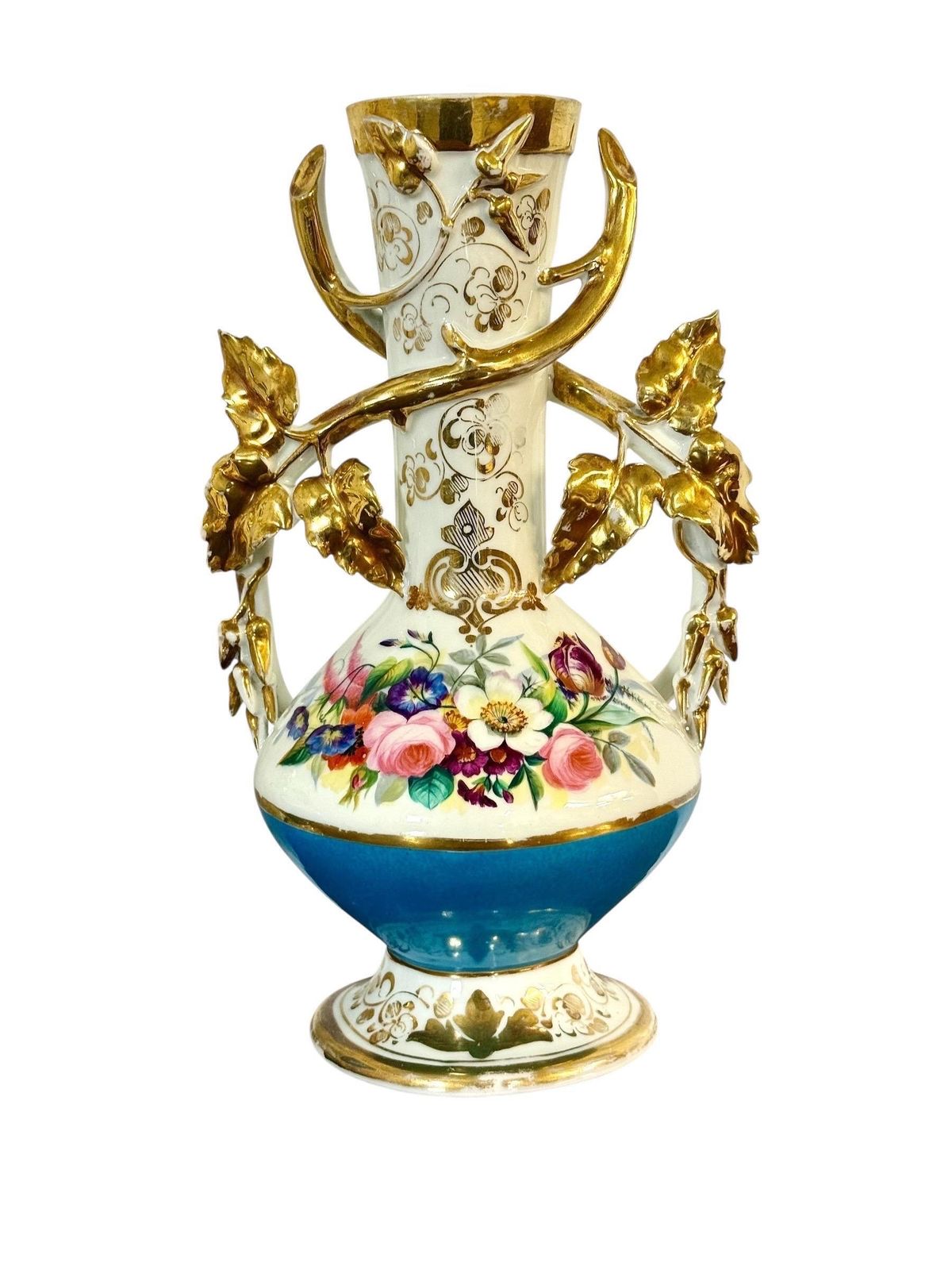 Pair Of 19th C. Paris Porcelain Vases With Gilt Handles And Floral Painting photo vinterior