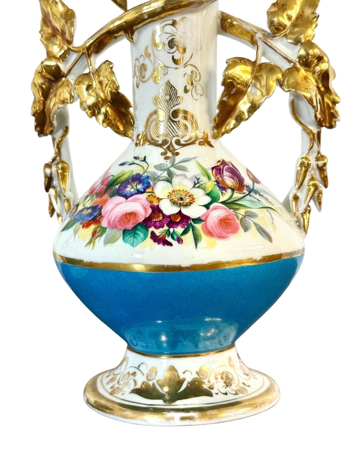 photo buy Pair Of 19th C. Paris Porcelain Vases With Gilt Handles And Floral Painting