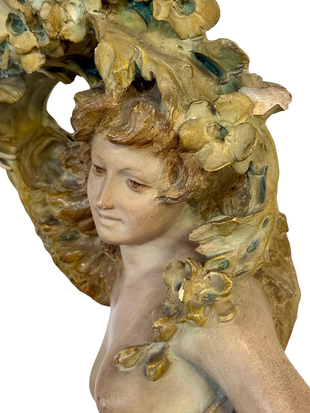 Large French Art Nouveau Polychrome Plaster Statue Of A Floral Maiden, C.1900 photo Art