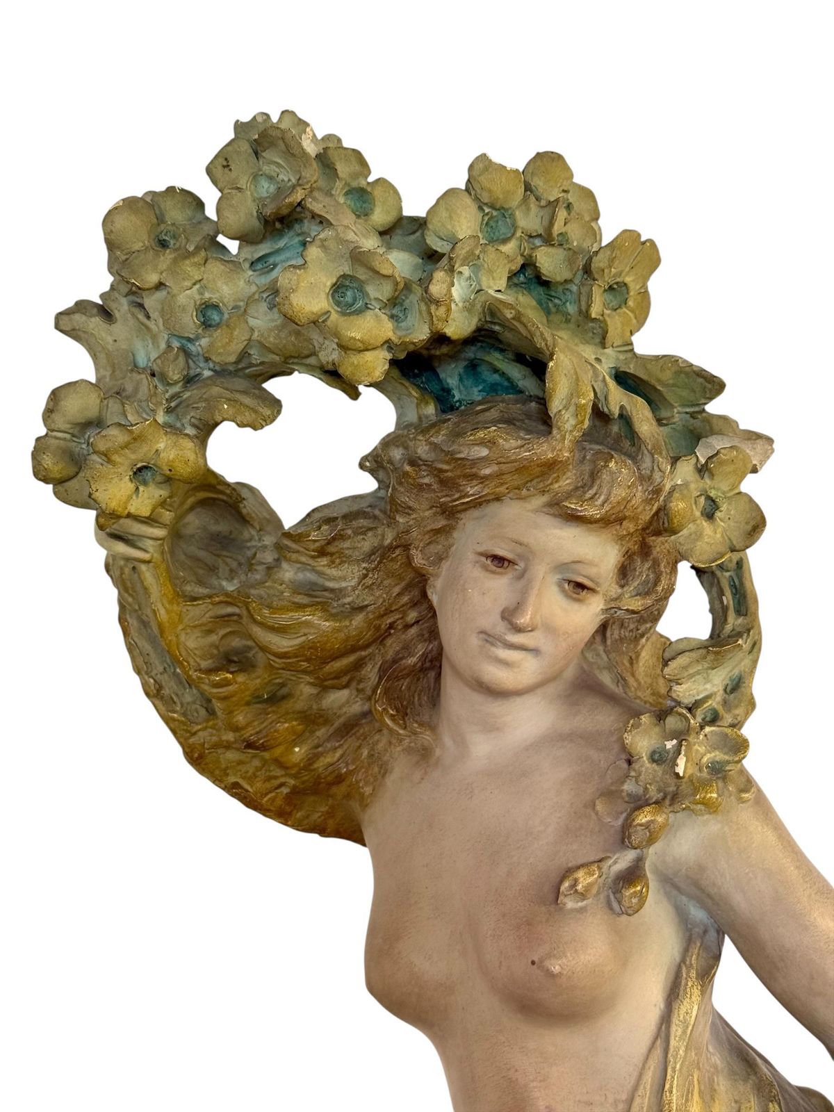 Art Large French Art Nouveau Polychrome Plaster Statue Of A Floral Maiden, C.1900 photo