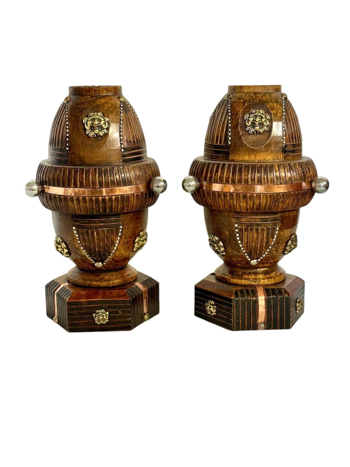 Home Decor Pair Of 19th Century French Folk Art Torchères With Gilt Brass Lion Heads photo