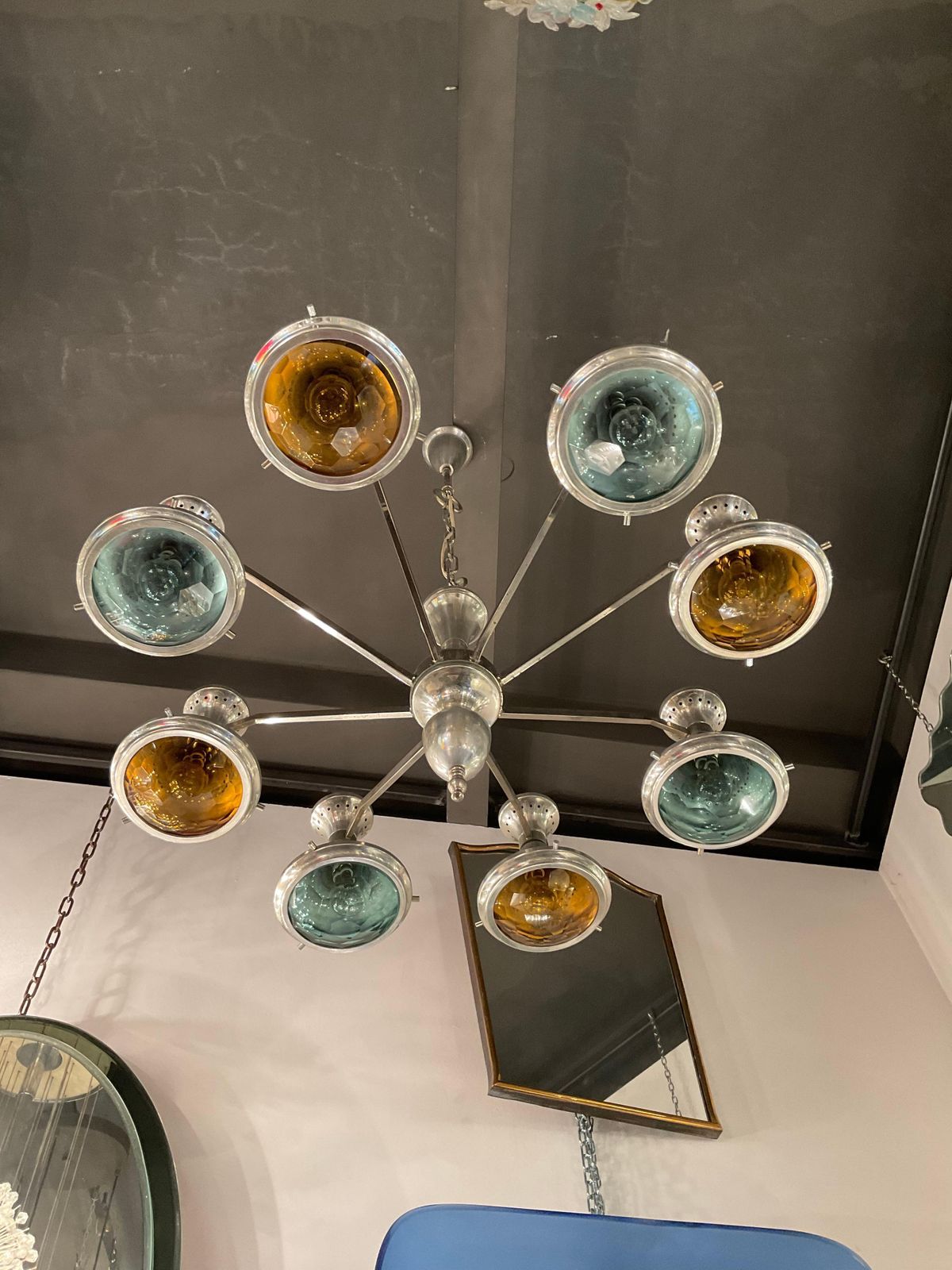 Stilnovo Chandelier Metal Crome Colored Faceted Glass 1950 Italy photo for sale