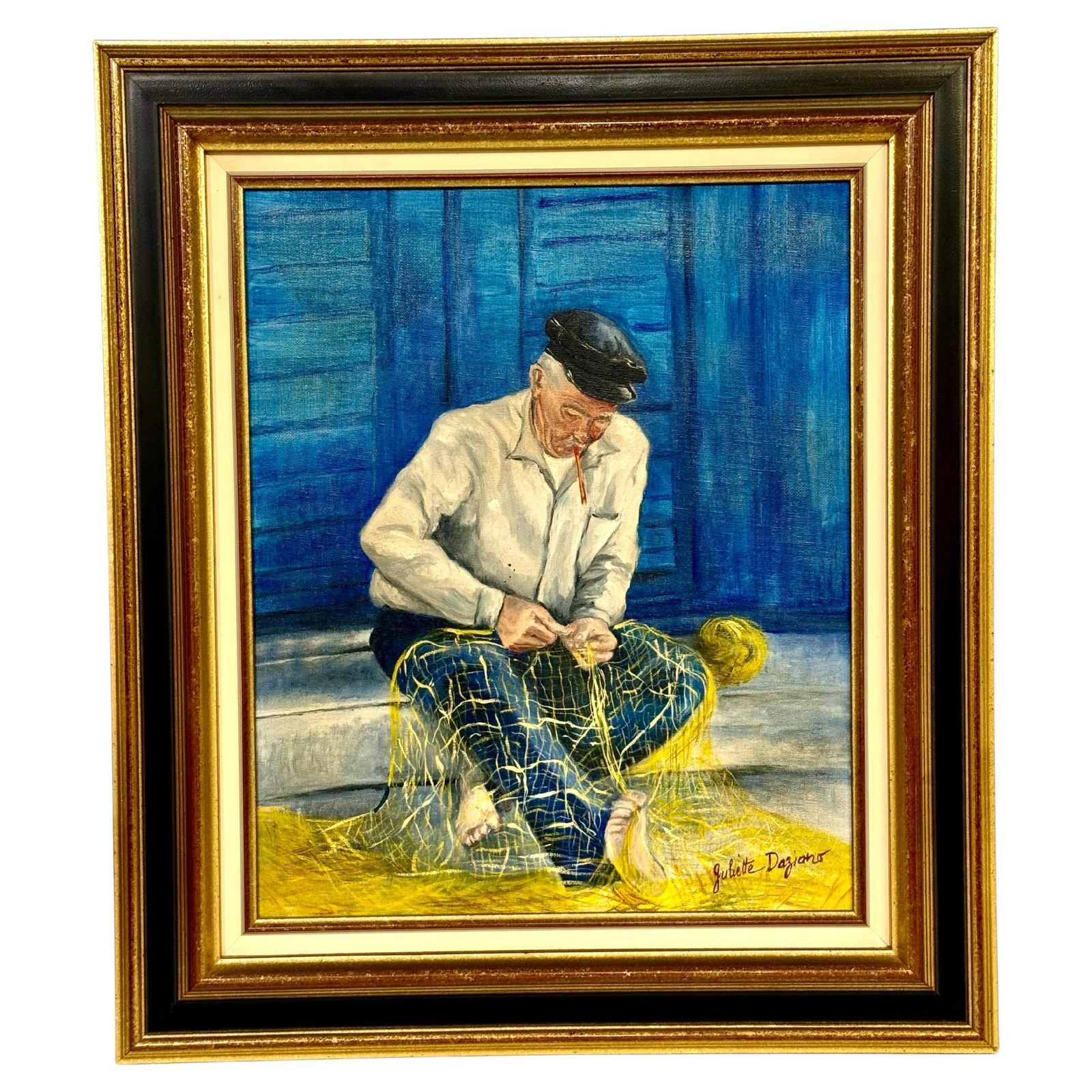 Oil On Canvas In A Giltwood Frame "Fisherman With Nets" By Juliette Daziano