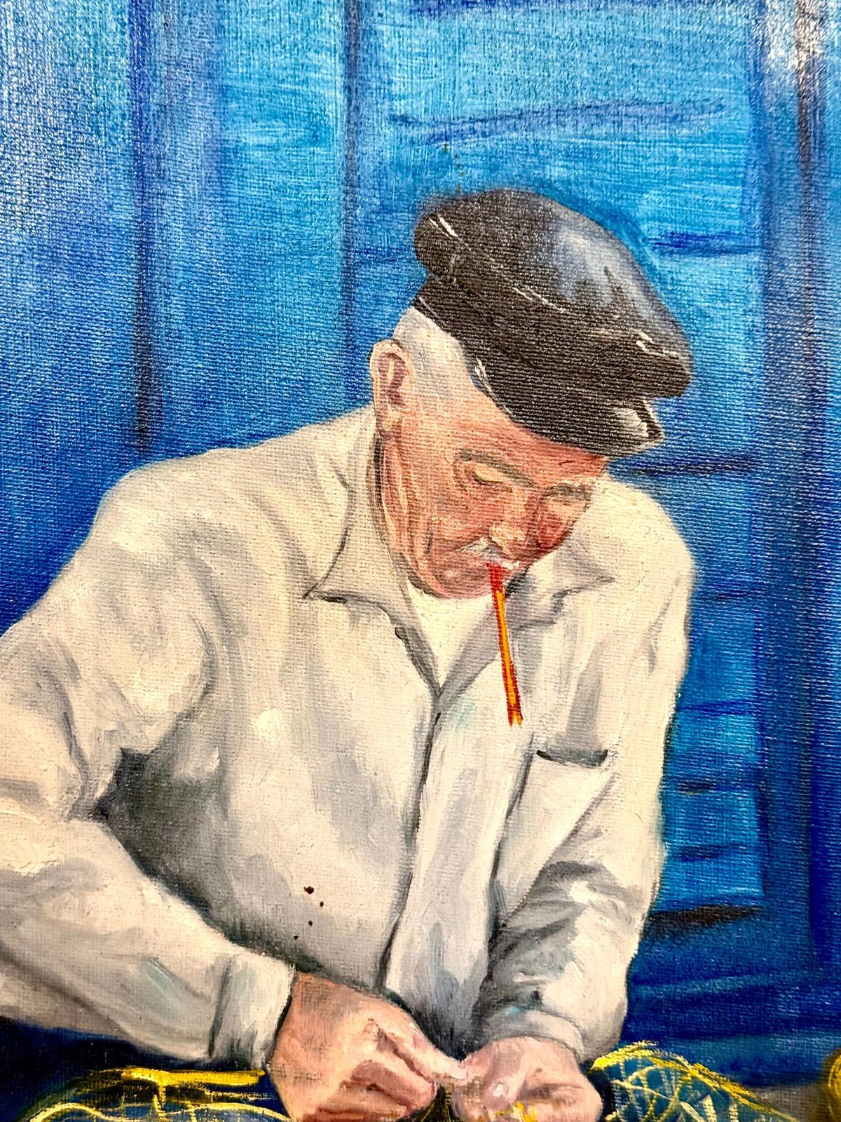 Oil On Canvas In A Giltwood Frame "Fisherman With Nets" By Juliette Daziano photo Art