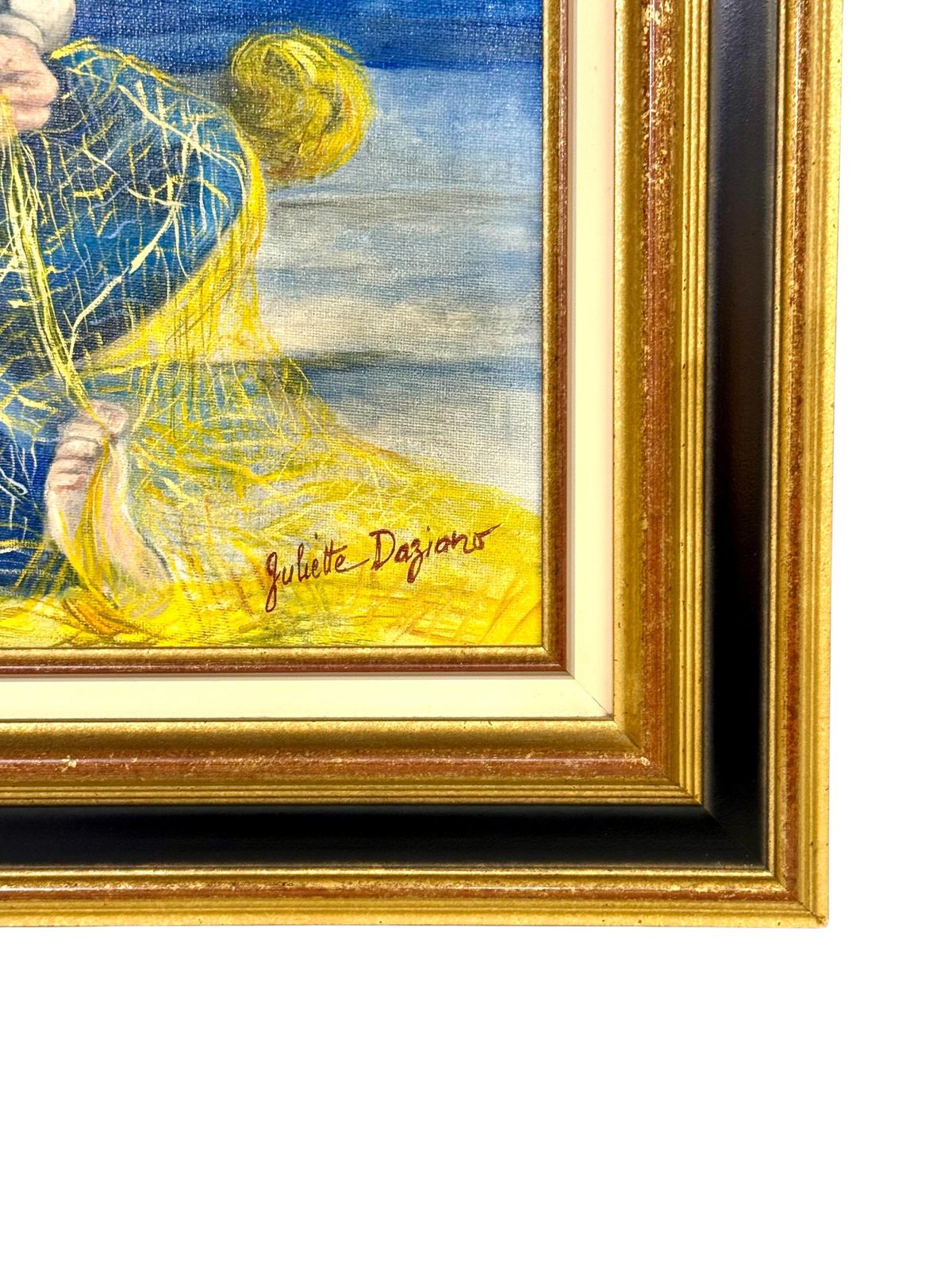 Oil On Canvas In A Giltwood Frame "Fisherman With Nets" By Juliette Daziano photo buy