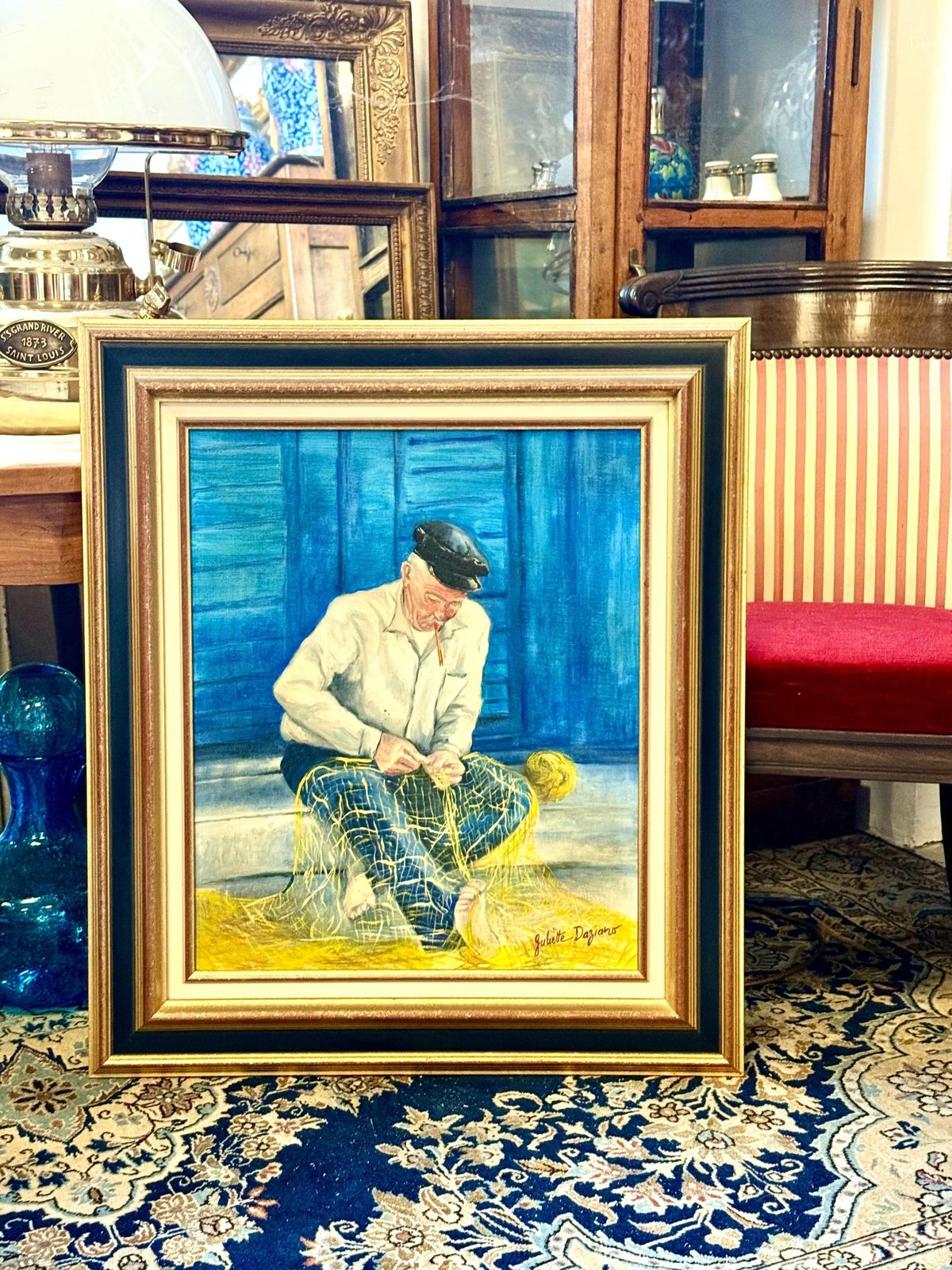 photo vintage Oil On Canvas In A Giltwood Frame "Fisherman With Nets" By Juliette Daziano