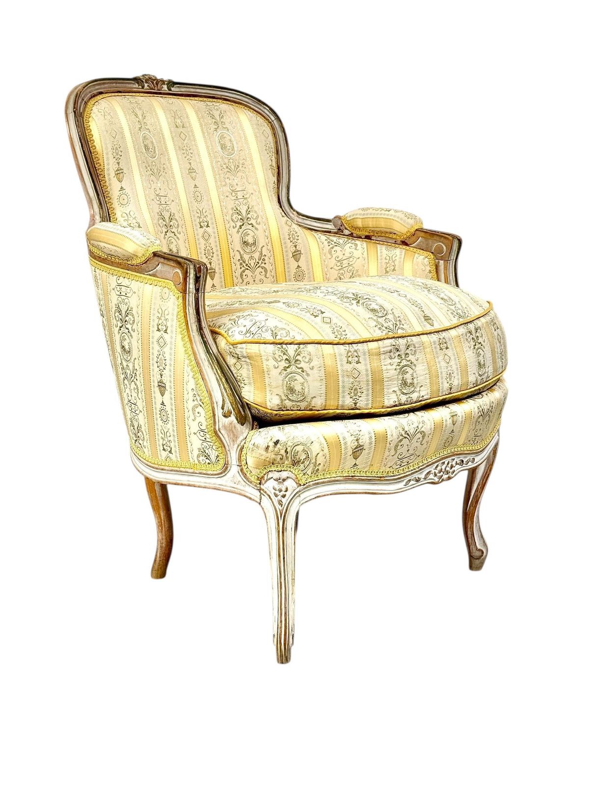 Pair Of 19th C. French Louis XVI Style Bergères With Silk Blend Satin Upholstery photo for sale
