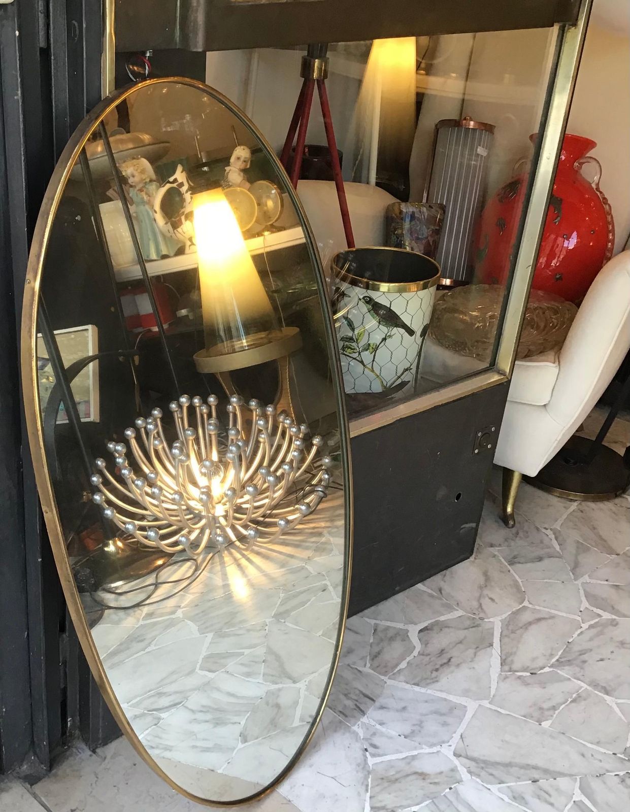 In The Style Of Fontana Arte Ovale Mirror Brass Wood Mirrored Glass 1950 Italy photo 3466.0