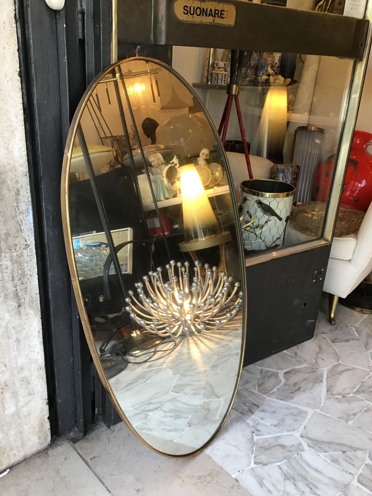 photo for sale In The Style Of Fontana Arte Ovale Mirror Brass Wood Mirrored Glass 1950 Italy