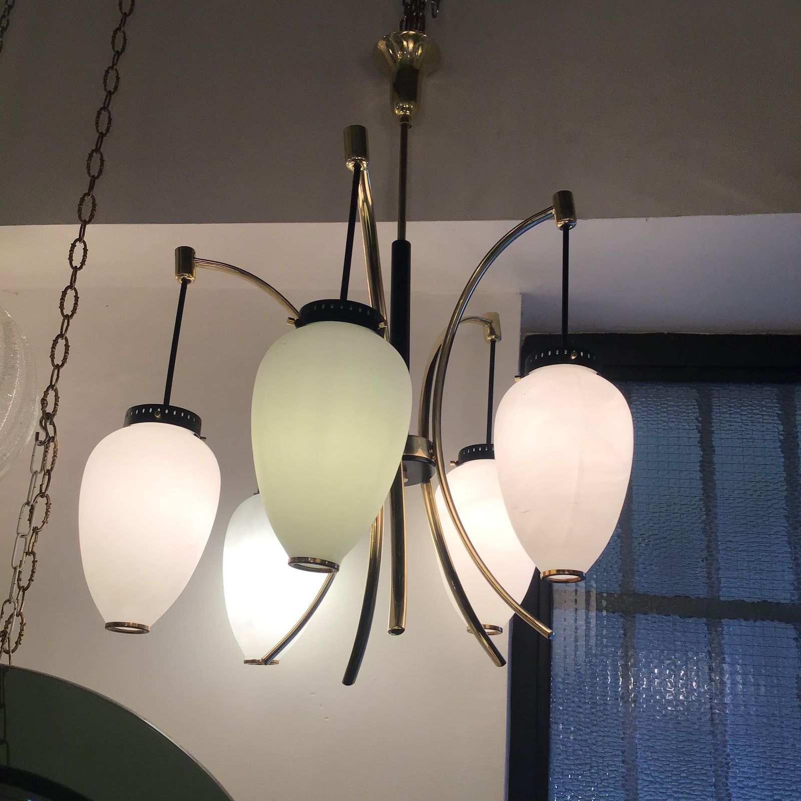 Stilnovo Chandelier Opaline Glass Brass Iron 1950 Italy photo for sale