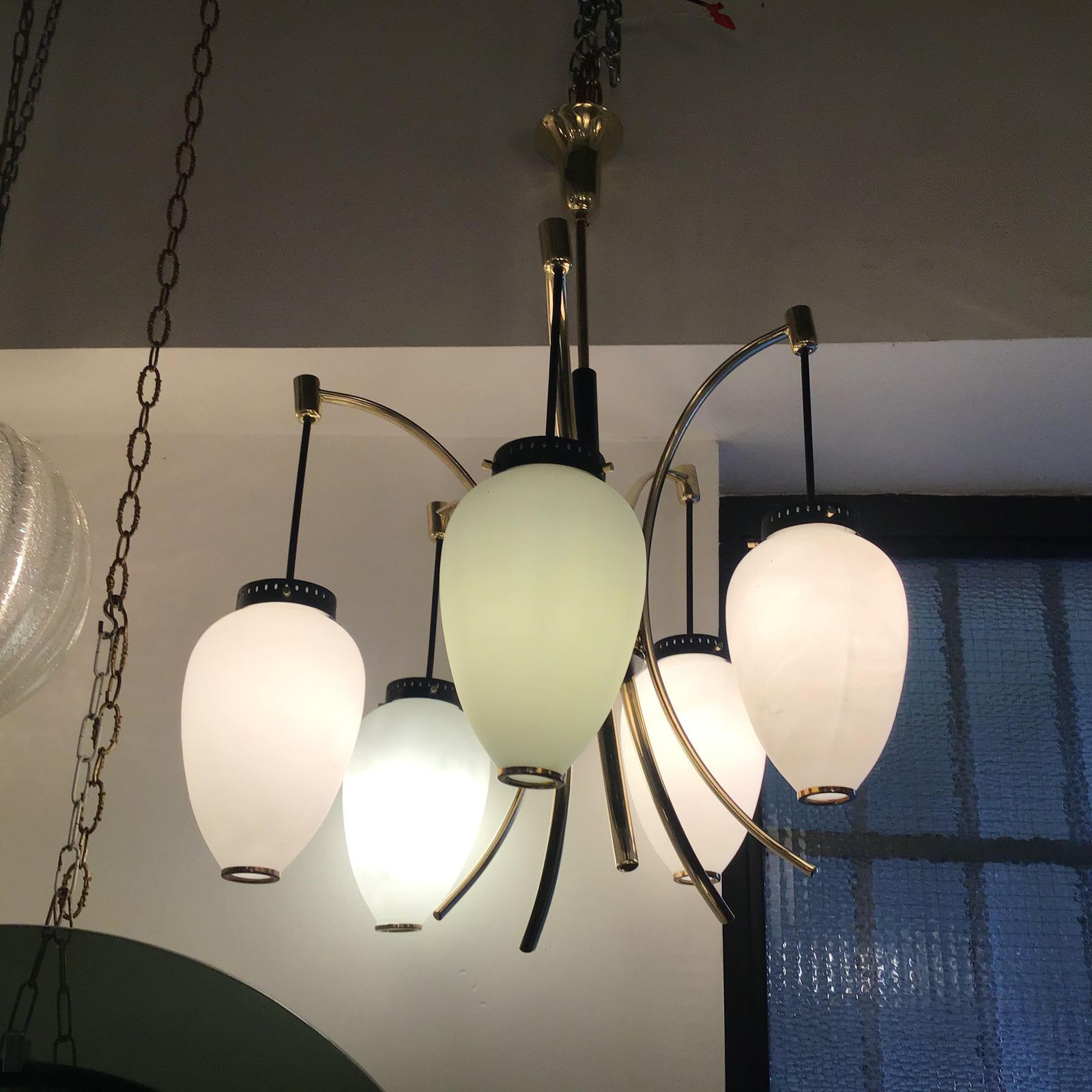 Stilnovo Chandelier Opaline Glass Brass Iron 1950 Italy photo Lighting