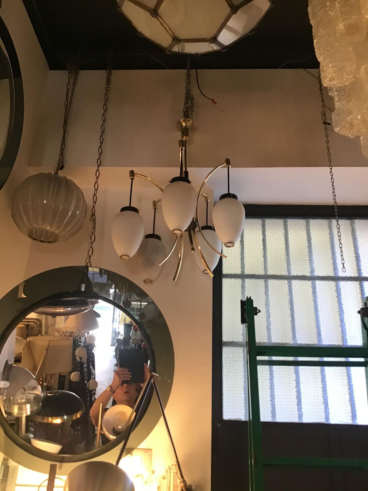 photo for sale Stilnovo Chandelier Opaline Glass Brass Iron 1950 Italy