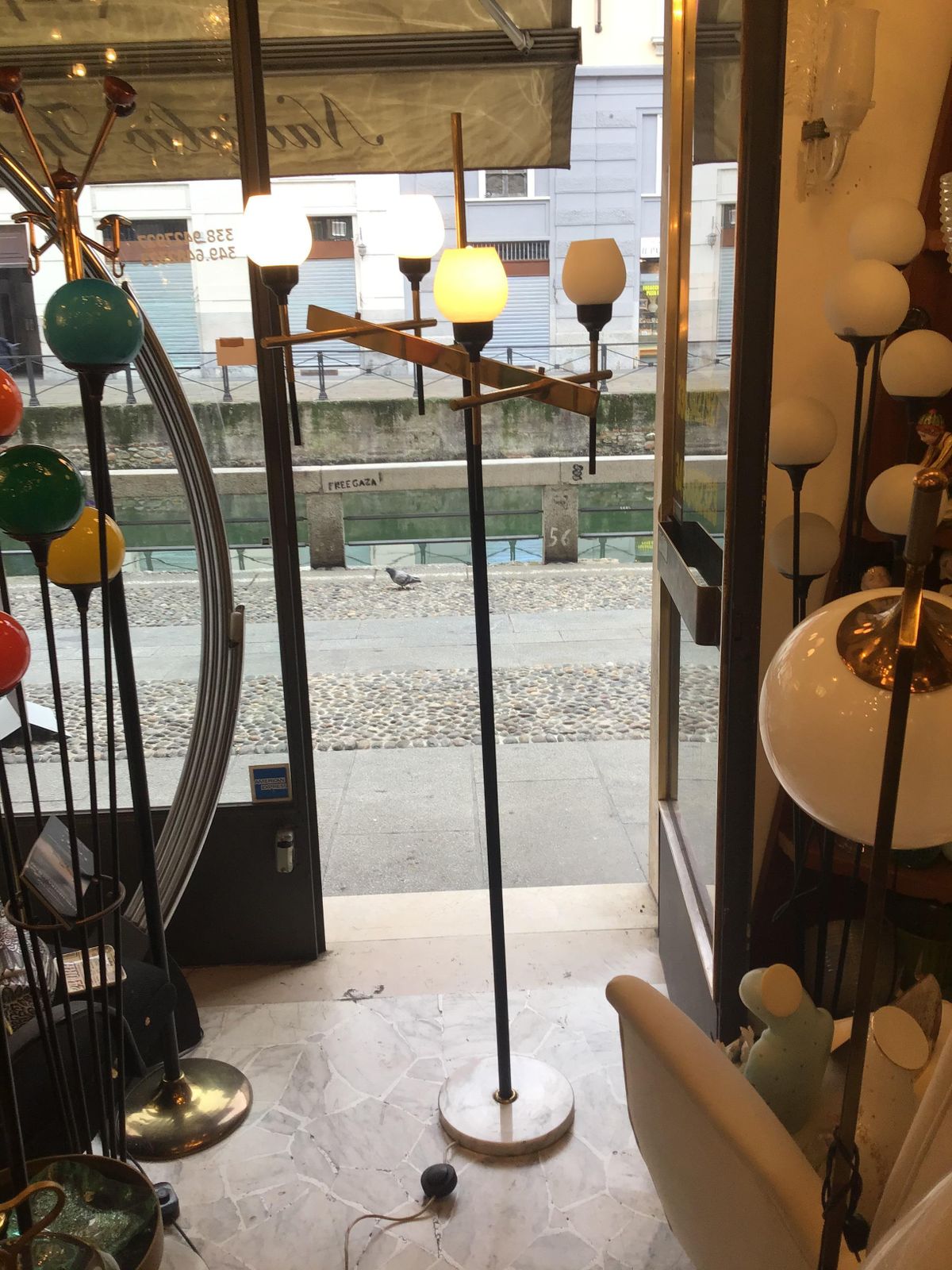 photo vinterior Stilnovo Floor Lamp Four Light Marble Iron Glass Brass, Italy