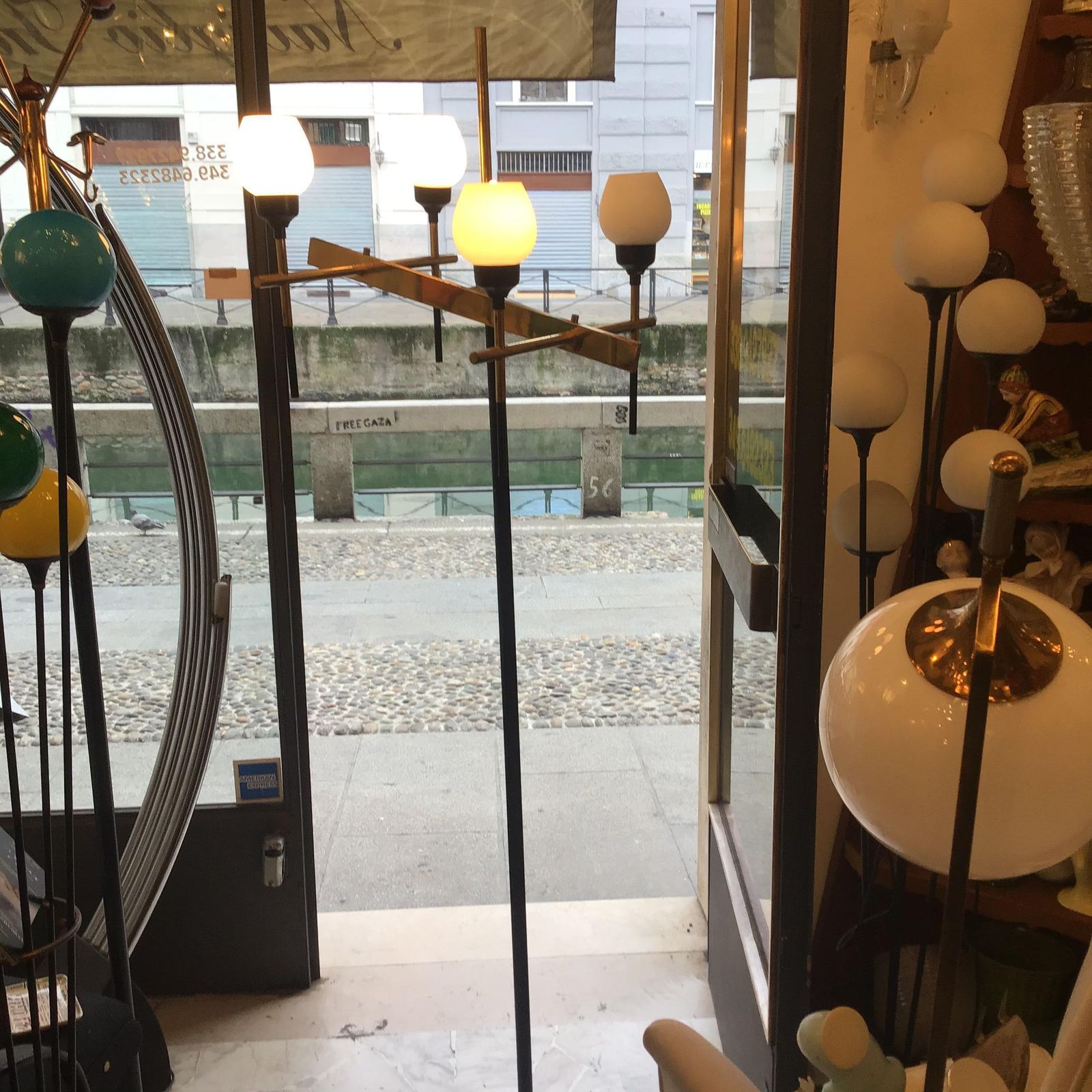 photo vintage Stilnovo Floor Lamp Four Light Marble Iron Glass Brass, Italy
