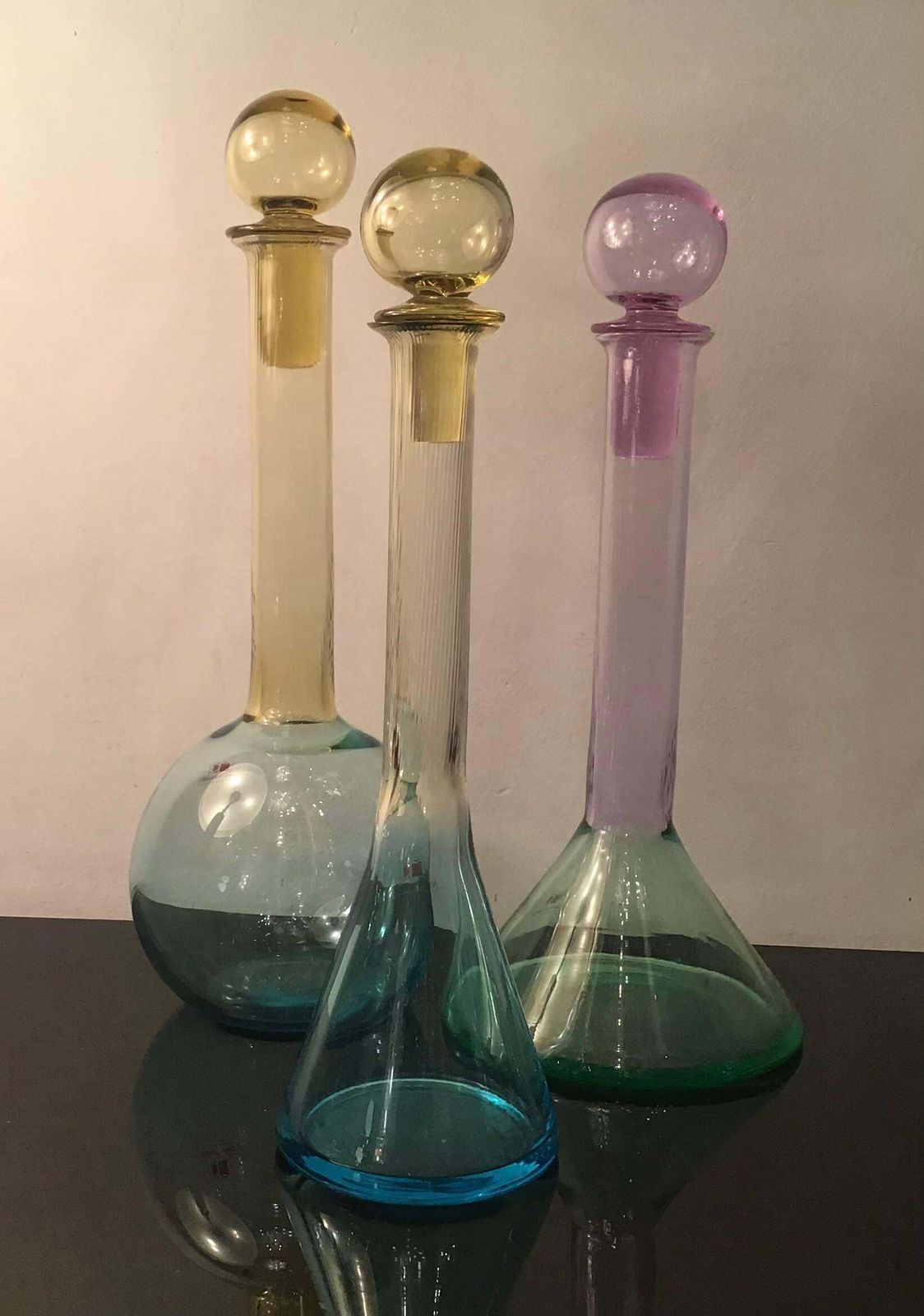 Carlo Moretti Set Of 3 Red White Rose' Wine Bottles Murano Glass 1970 Italy photo for sale