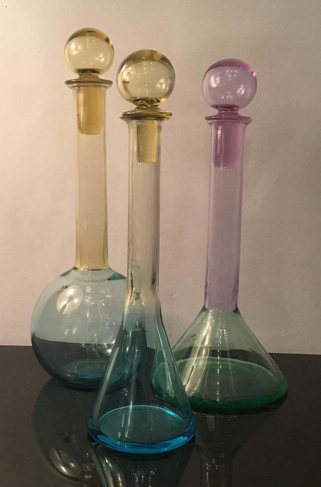 Carlo Moretti Set Of 3 Red White Rose' Wine Bottles Murano Glass 1970 Italy photo Home Decor