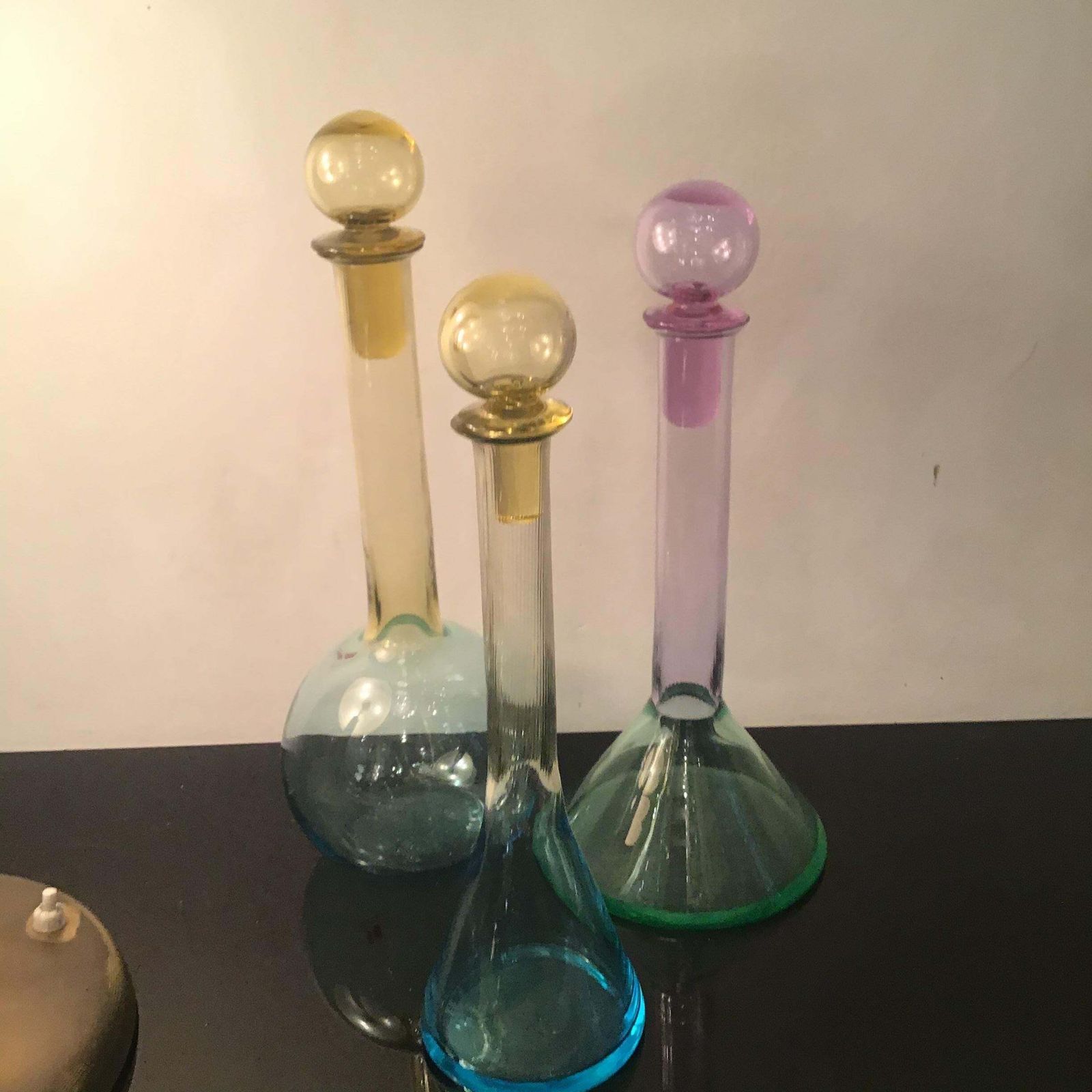 photo furniture Carlo Moretti Set Of 3 Red White Rose' Wine Bottles Murano Glass 1970 Italy