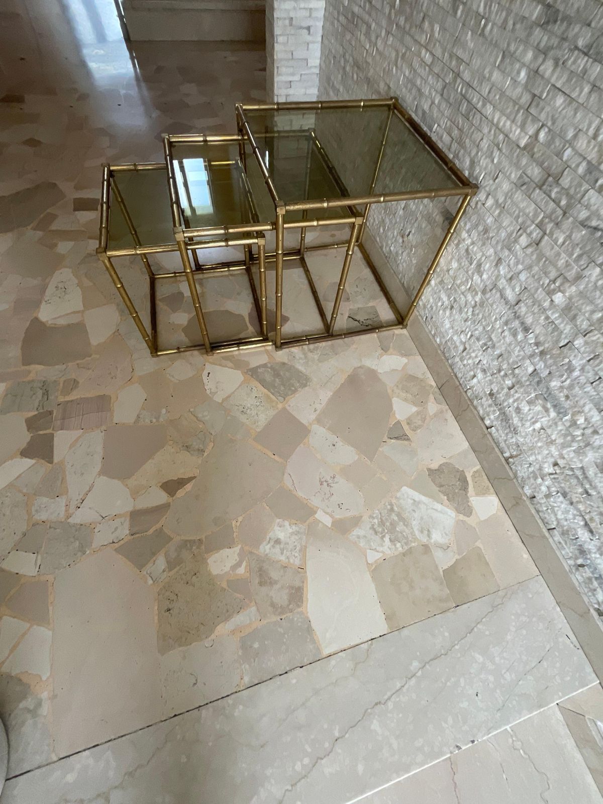 photo buy Set Of 3 Interlocking Tables Made Of Brass Worked In The Shape Of Bamboo, And Glass Italy