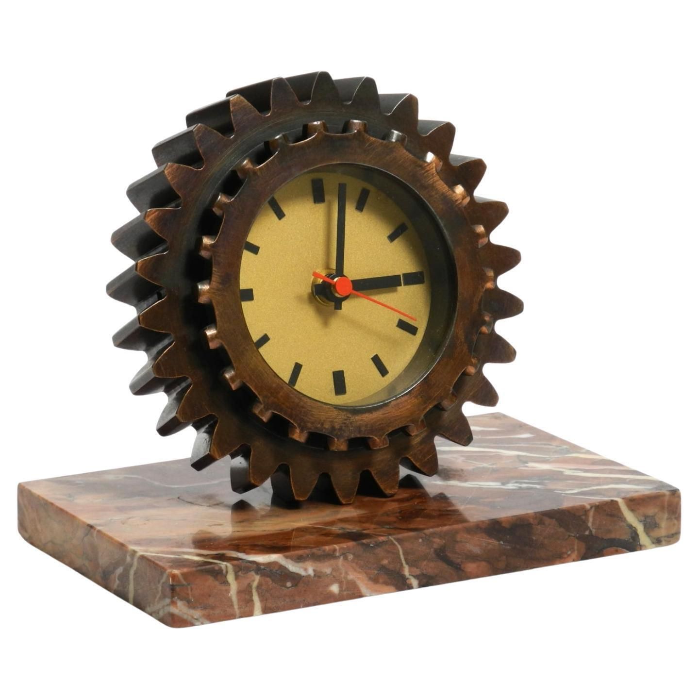 Beautiful 70s Heavy Table Clock Made Of An Iron Gear And A Marble Base