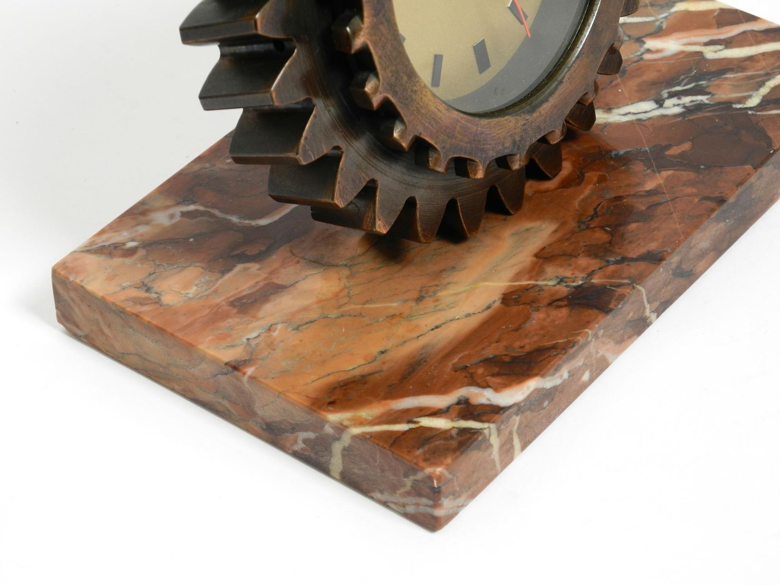 Beautiful 70s Heavy Table Clock Made Of An Iron Gear And A Marble Base photo vinterior