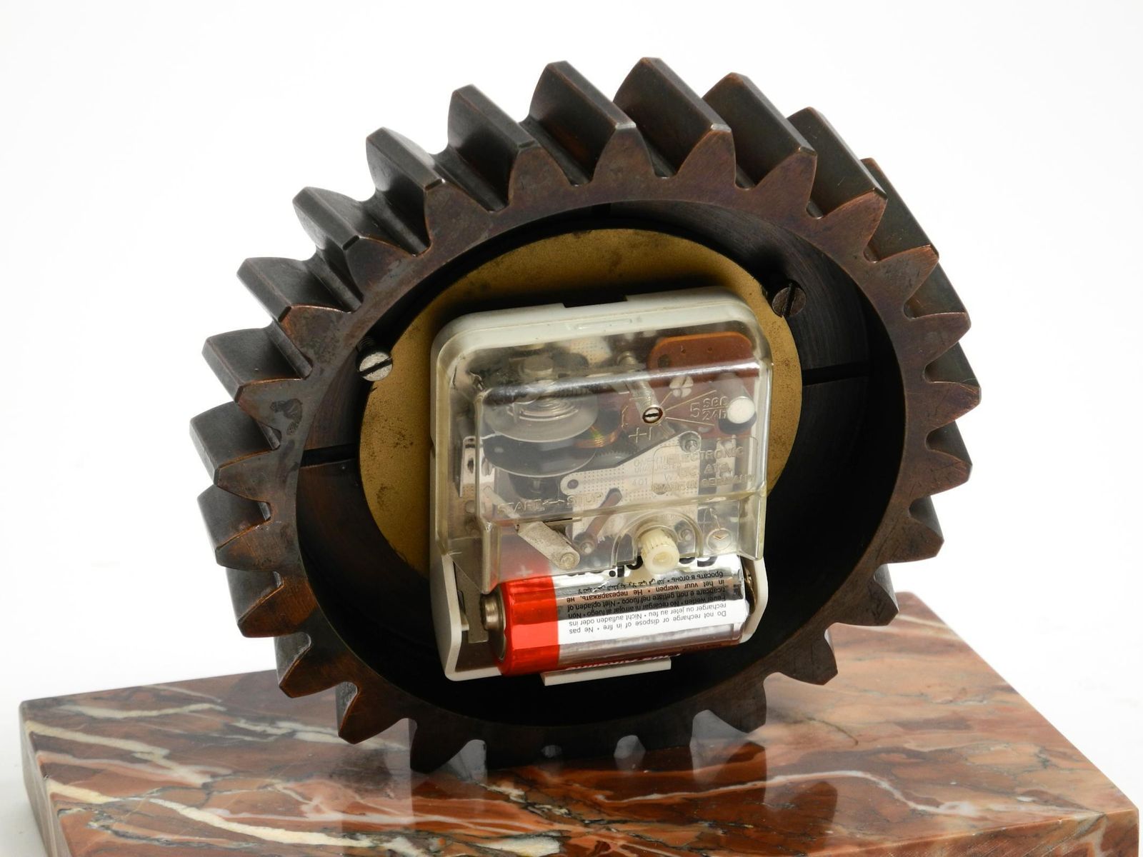 797.0 Beautiful 70s Heavy Table Clock Made Of An Iron Gear And A Marble Base photo