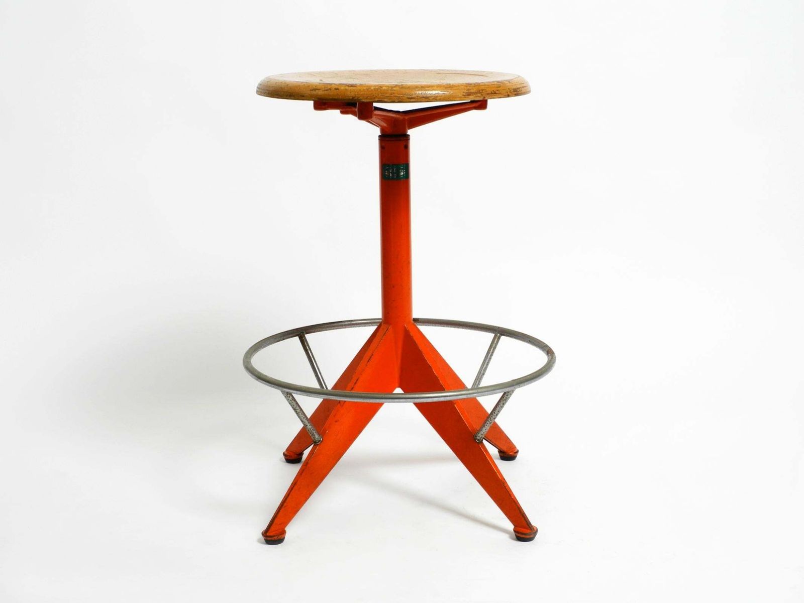 Rare Solid Italian Mid Century Industrial Metal Stool By Mautren In Rare Orange photo Furniture