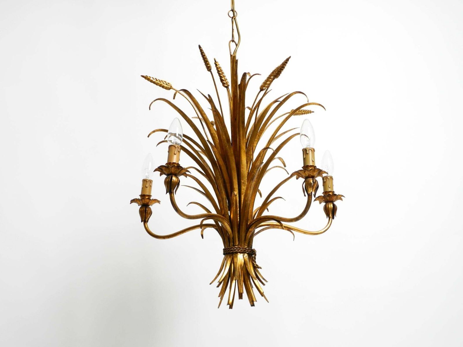 Beautiful 1970s Gold Plated 5 Arm Tall Metal Chandelier By Hans Kögl photo for sale