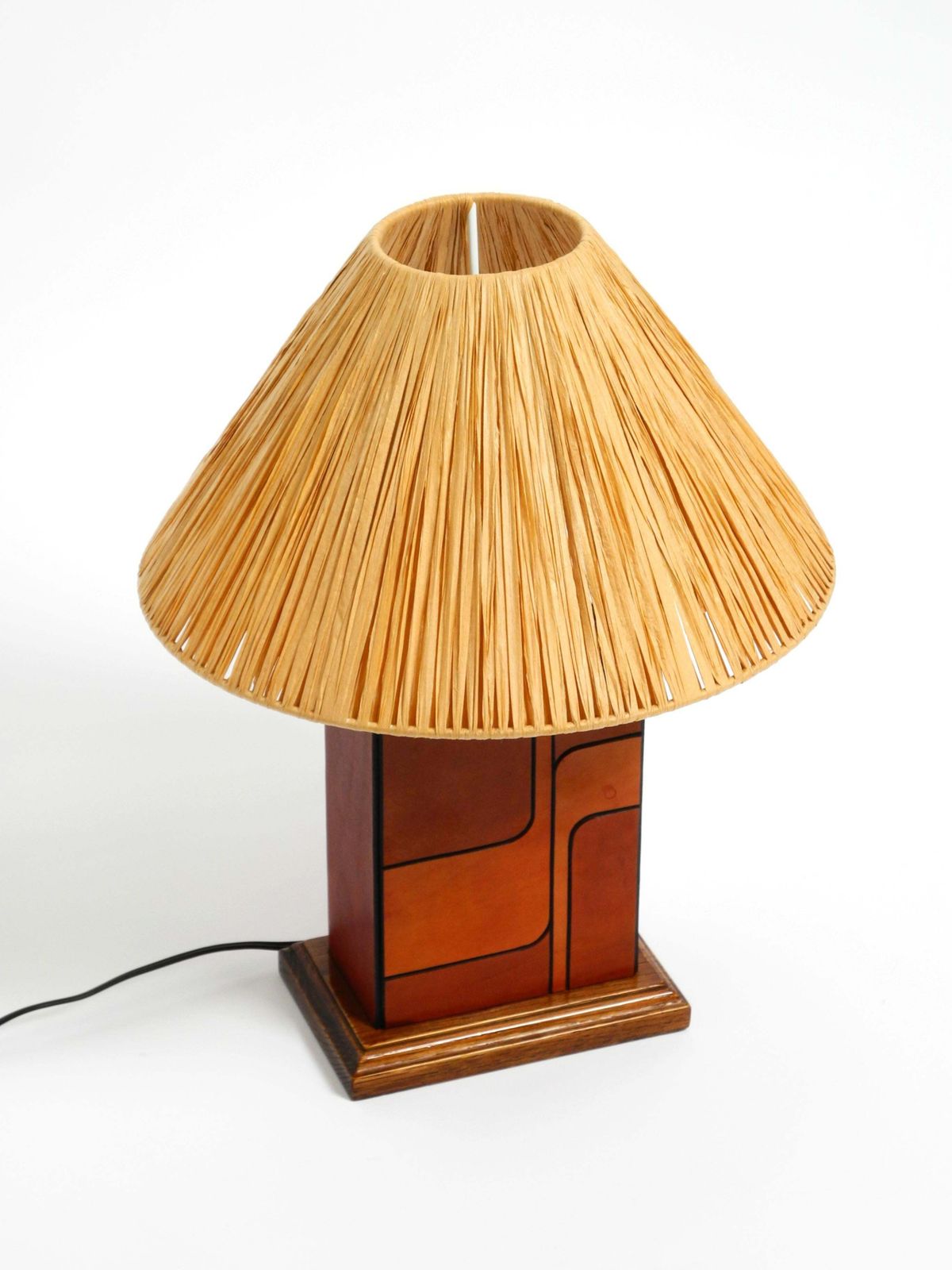 Italian 1960s Table Lamp Made Of Wood And Leather With Paper Straw Lampshade photo vinterior