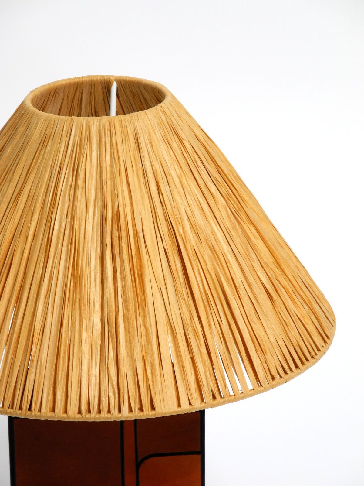 photo vinterior Italian 1960s Table Lamp Made Of Wood And Leather With Paper Straw Lampshade