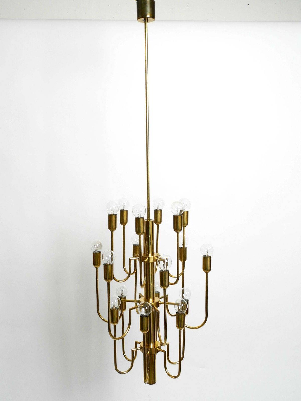 Beautiful Three Staged 18 Arm Mid Century Brass Chandelier With A Long Brass Rod photo Lighting