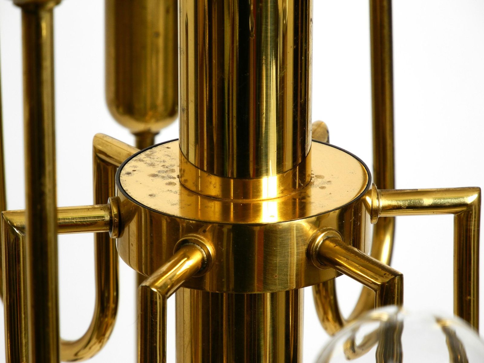 Beautiful Three Staged 18 Arm Mid Century Brass Chandelier With A Long Brass Rod photo vintage