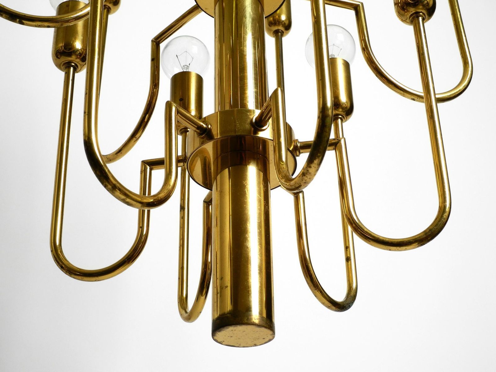 photo furniture Beautiful Three Staged 18 Arm Mid Century Brass Chandelier With A Long Brass Rod