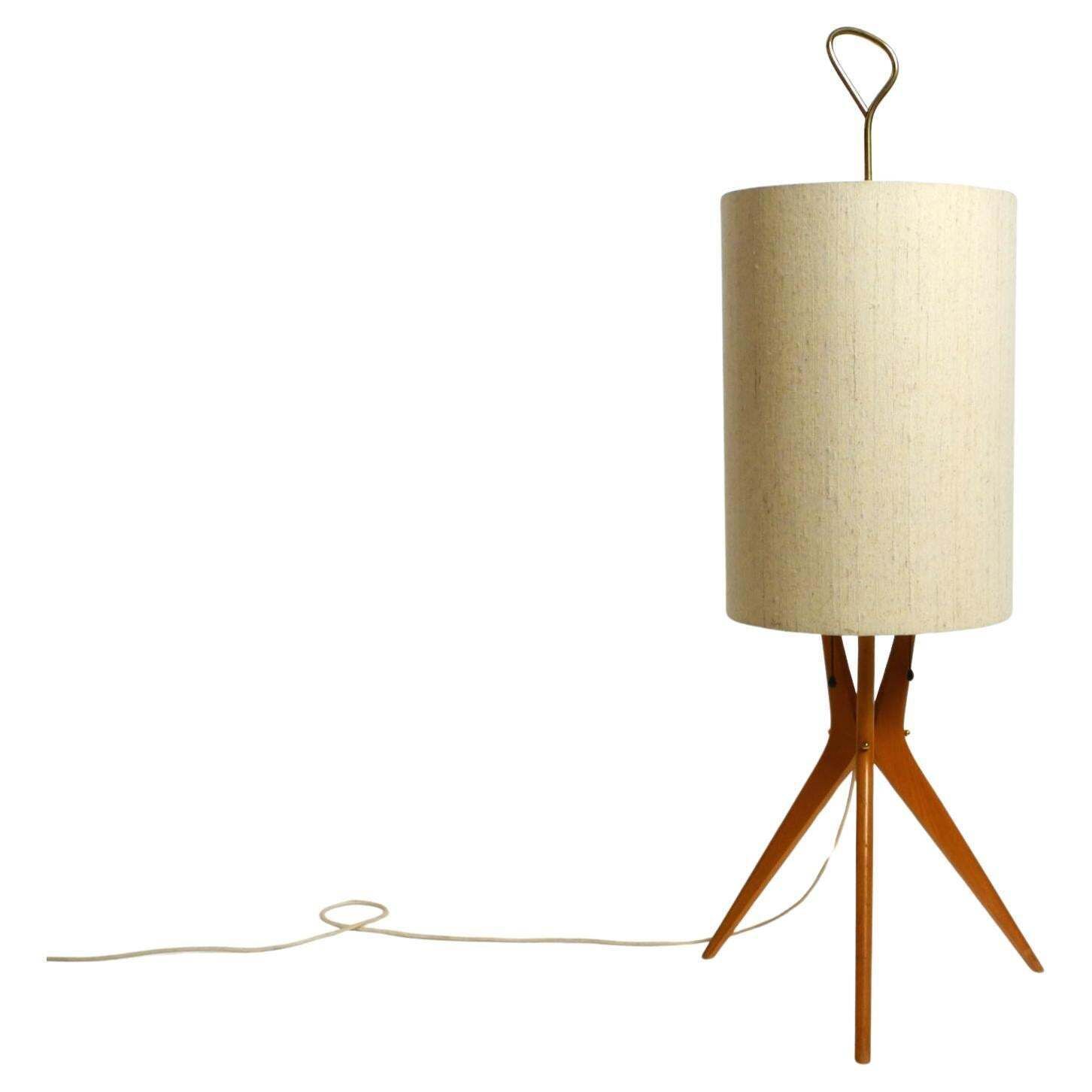 Beautiful Mid Century Tripod Walnut Wood Floor Lamp With Large Fabric Shade