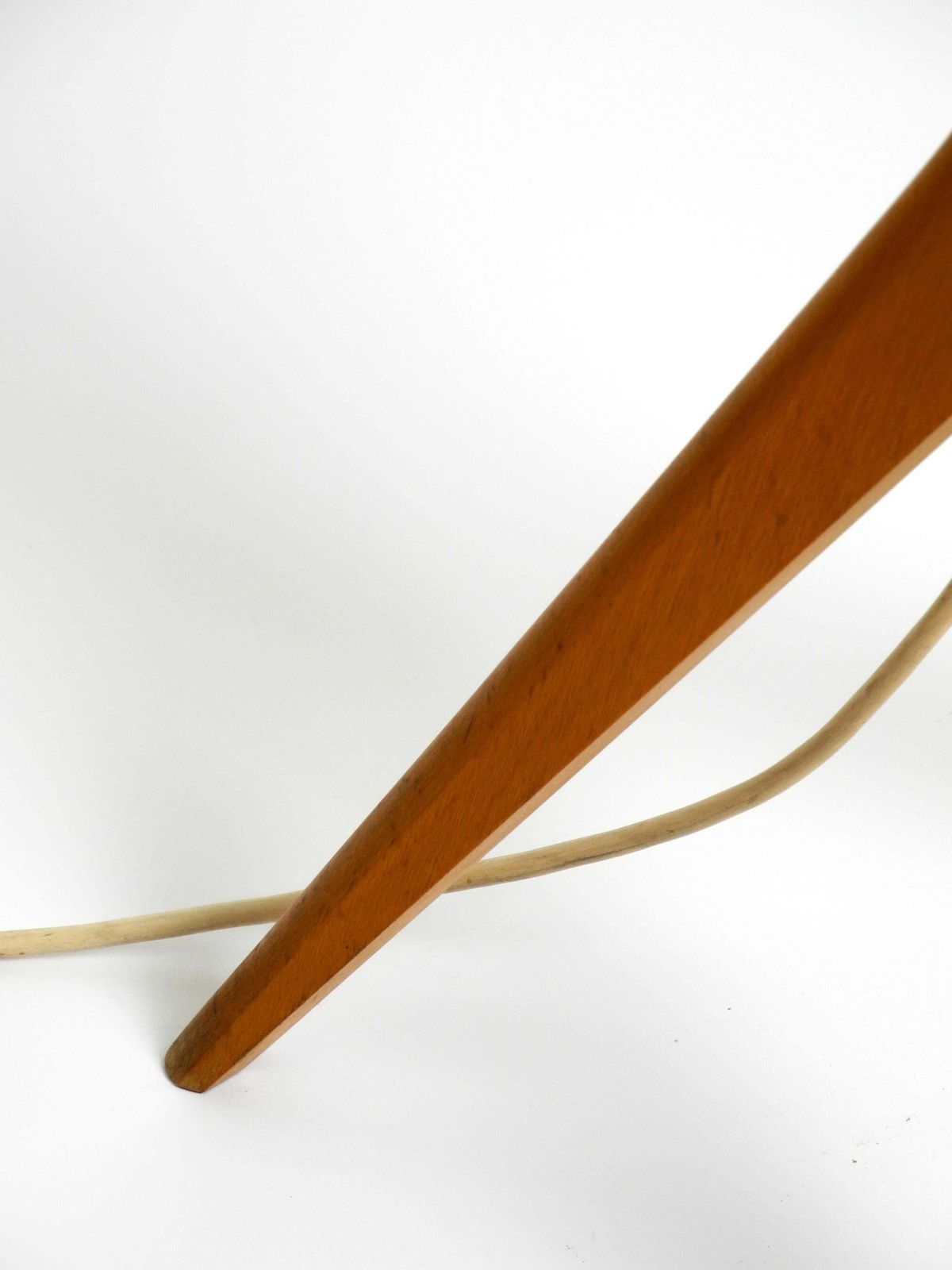 Beautiful Mid Century Tripod Walnut Wood Floor Lamp With Large Fabric Shade photo vinterior
