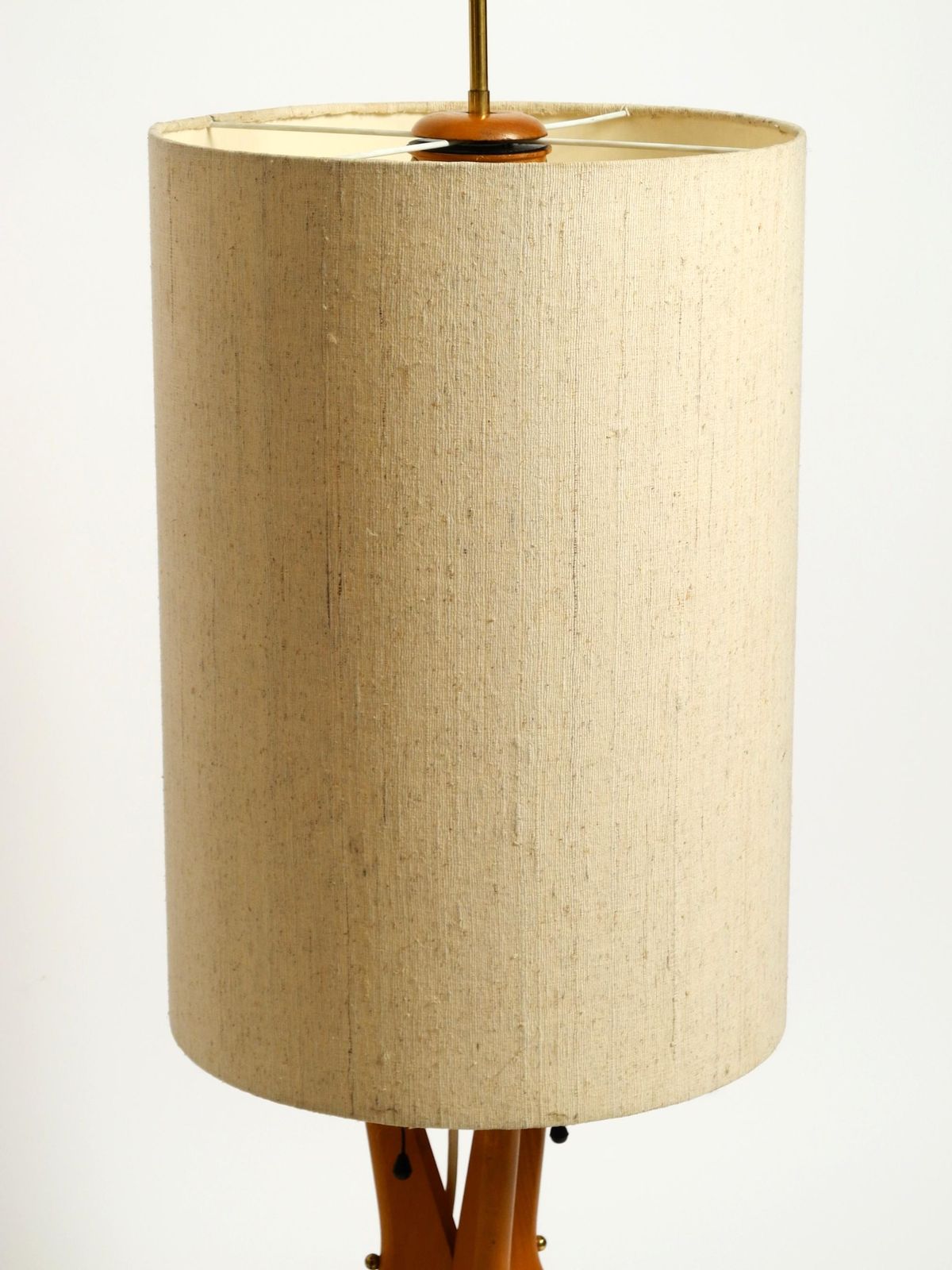 Beautiful Mid Century Tripod Walnut Wood Floor Lamp With Large Fabric Shade photo buy