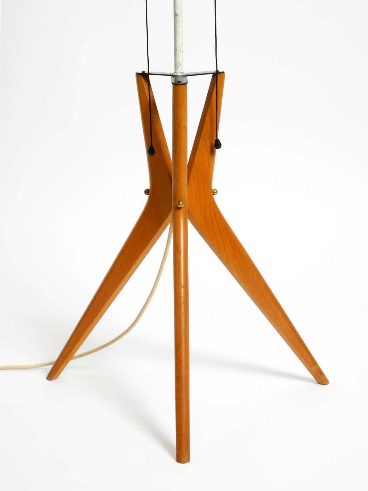 Lighting Beautiful Mid Century Tripod Walnut Wood Floor Lamp With Large Fabric Shade photo