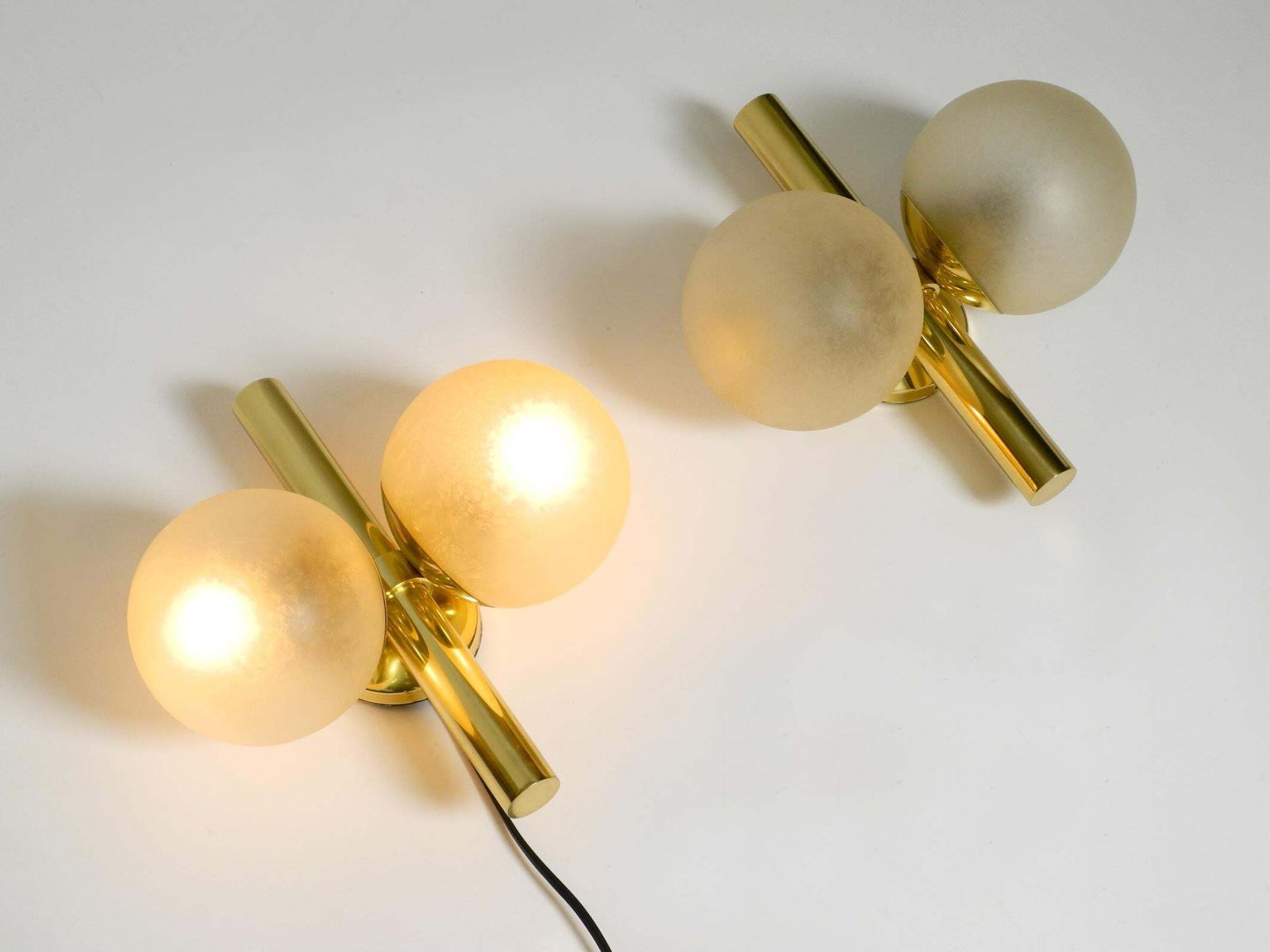 Pair Of Beautiful 1960s Kaiser Brass Wall Lamps With Two Golden Glass Spheres photo vinterior