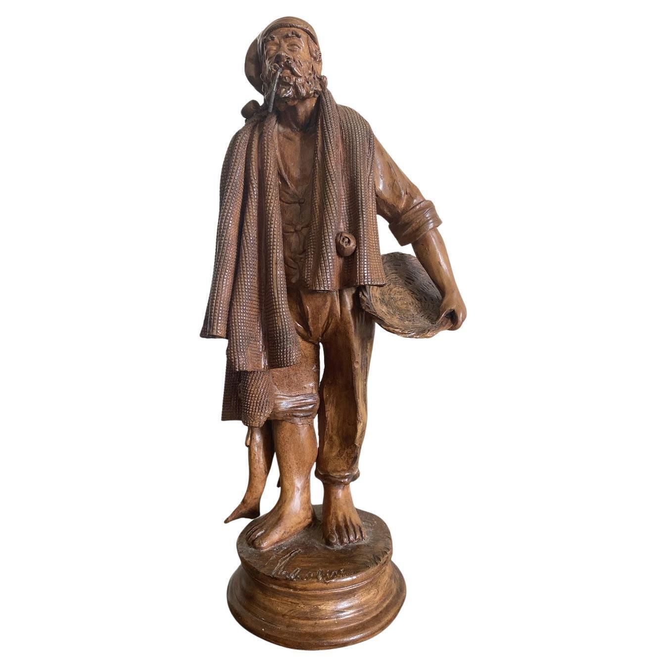 Italy Late 20th Century Carved Wooden Fisherman Sculpture