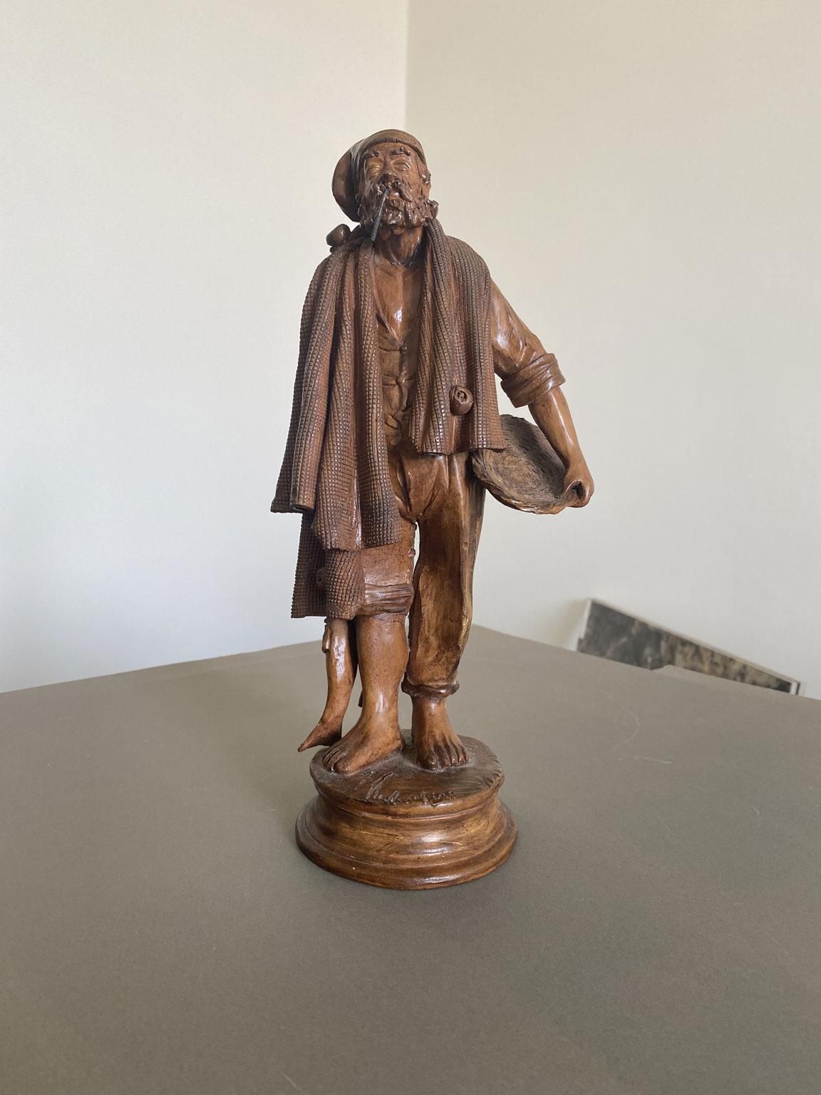 Italy Late 20th Century Carved Wooden Fisherman Sculpture photo for sale
