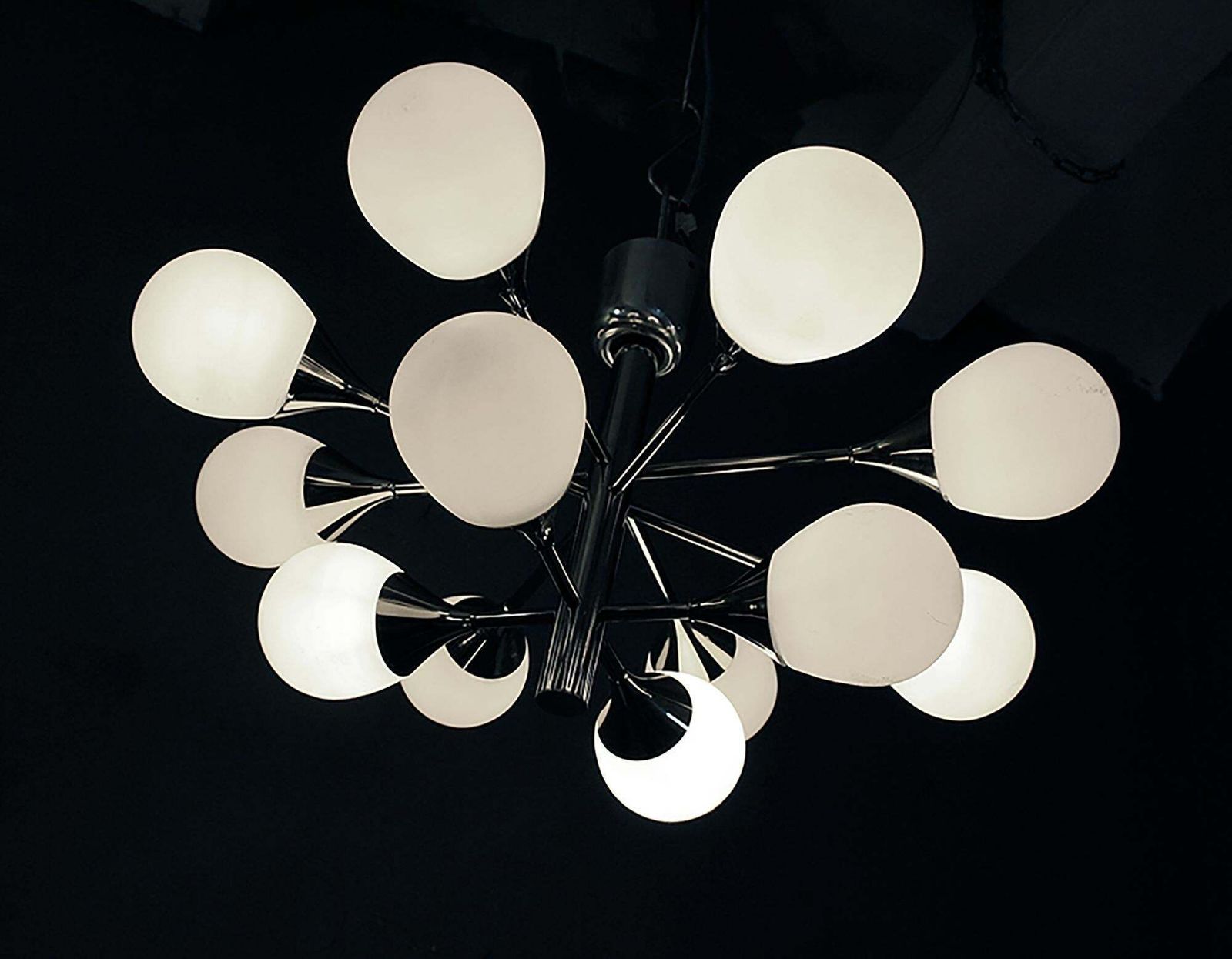 German Sputnik Flush Mount Chandelier White Glass Globes & Chrome By Kaiser 1970 photo furniture