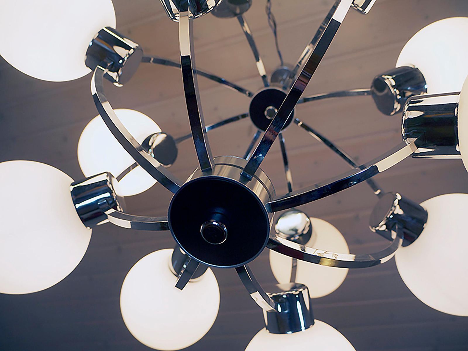 German 26" Atomic Sputnik Chandelier White Glass Globes & Chrome By Kaiser 1970s photo 2180.0