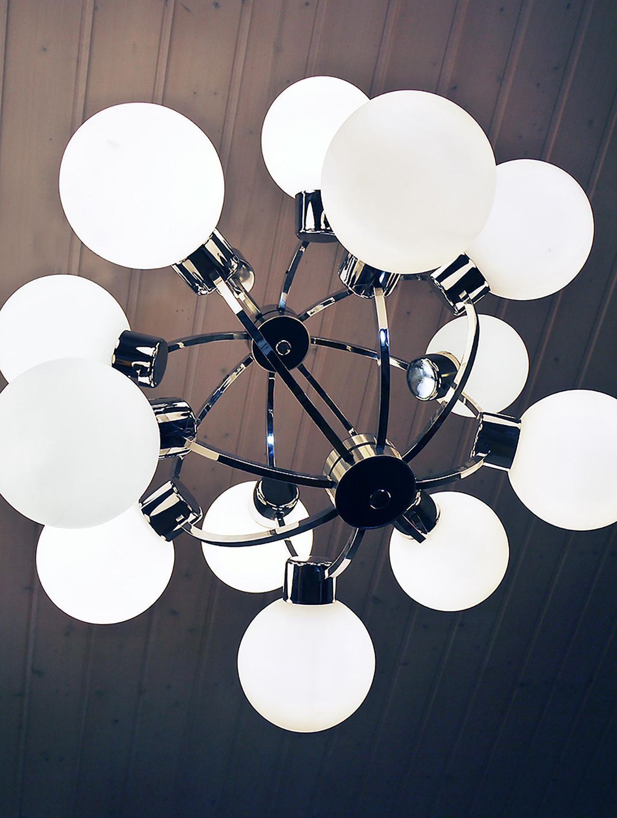 German 26" Atomic Sputnik Chandelier White Glass Globes & Chrome By Kaiser 1970s photo buy