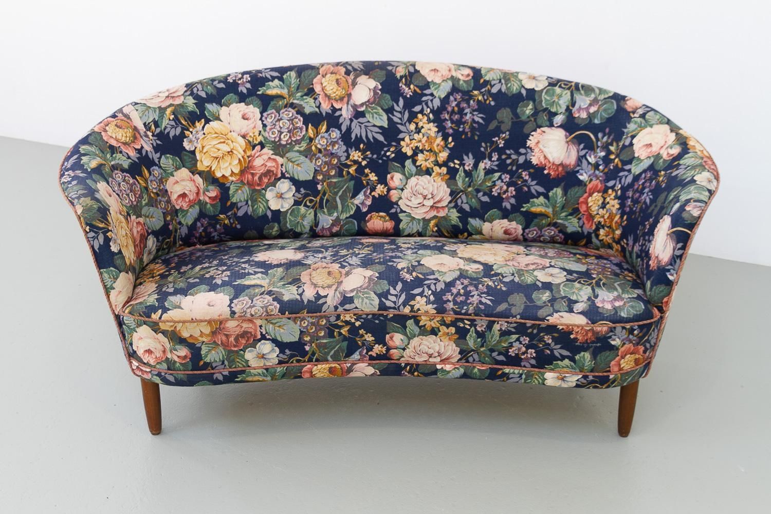 Danish Mid Century Two Seater Banana Sofa With Floral Fabric, 1950s. photo furniture