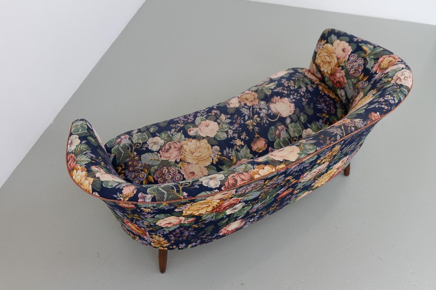 Danish Mid Century Two Seater Banana Sofa With Floral Fabric, 1950s. photo vintage