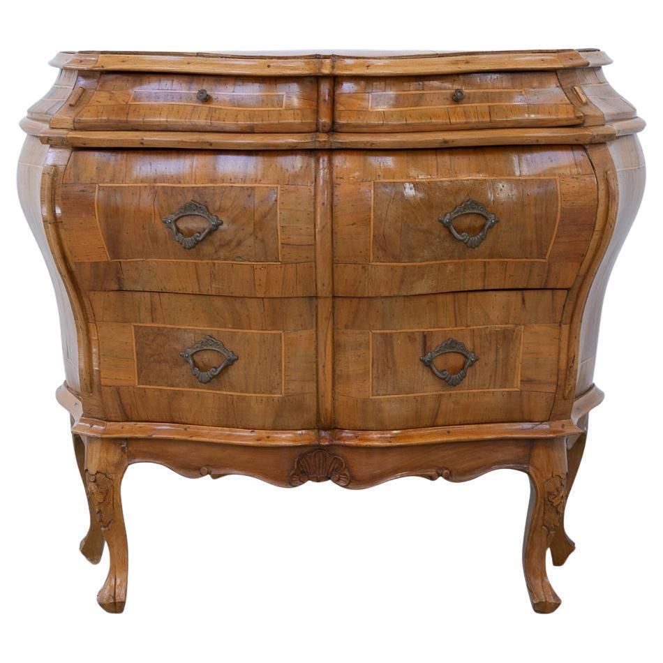 Italian Olive Wood Bombe Chest Of Drawers Rococo Style, 1950s.