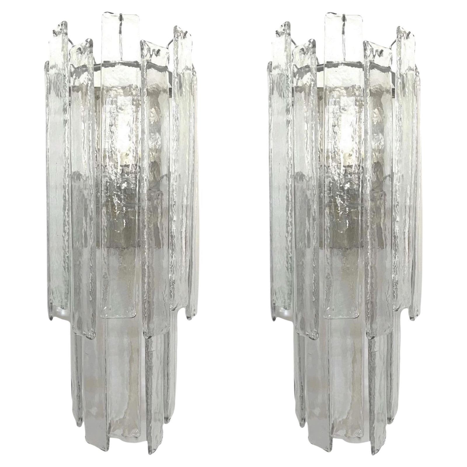Italian Midcentury Long Clear Murano Pair Of Wall Sconces By Mazzega, 1970s