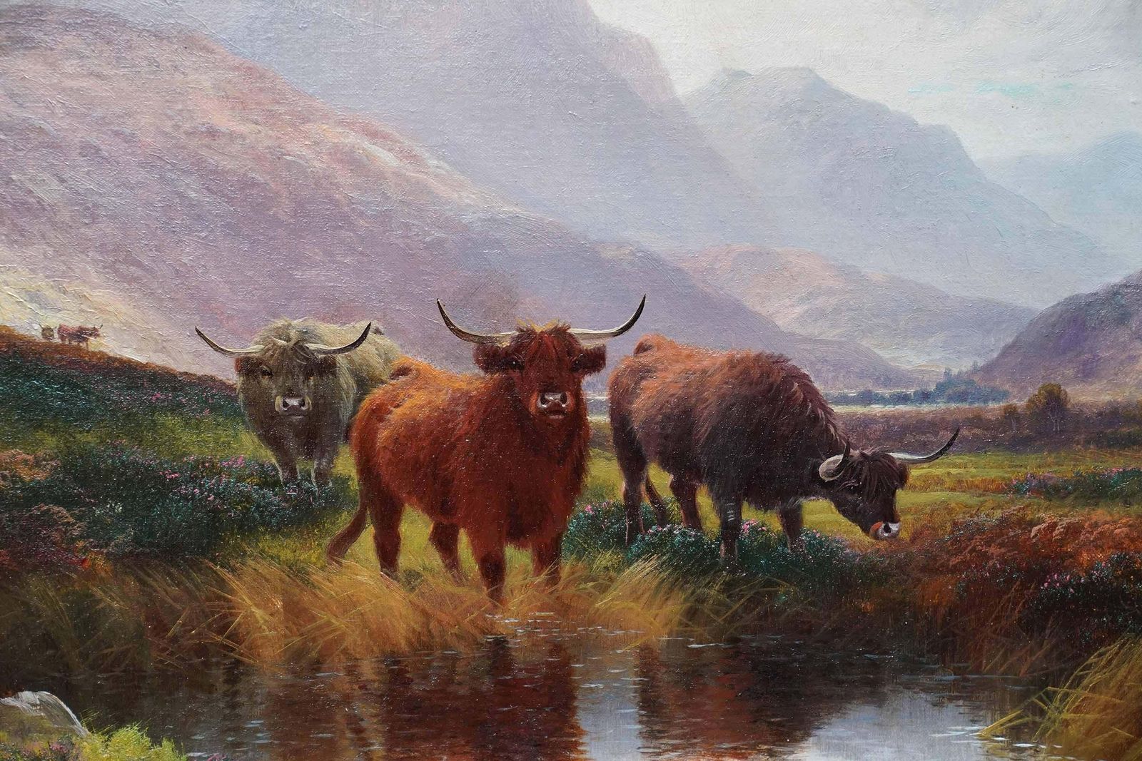Henry Robinson Hallhighland Cattle At A Moorland Pool, Perthshire   British C1900 Art Oil Paintingcirca 1900 photo for sale